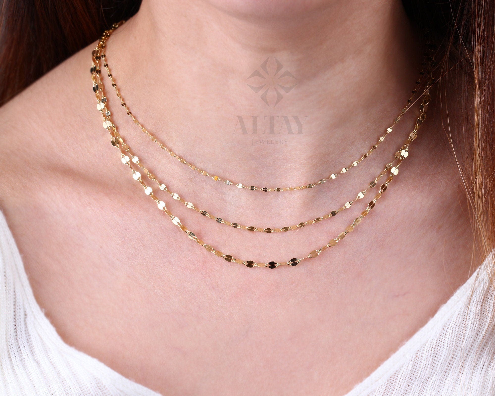 14K Gold Sparkle Chain Necklace, Glitter Chain Necklace, Flat Gold Link Chain Choker, Sequin Mirror Chain, Minimalist Elegant Necklace