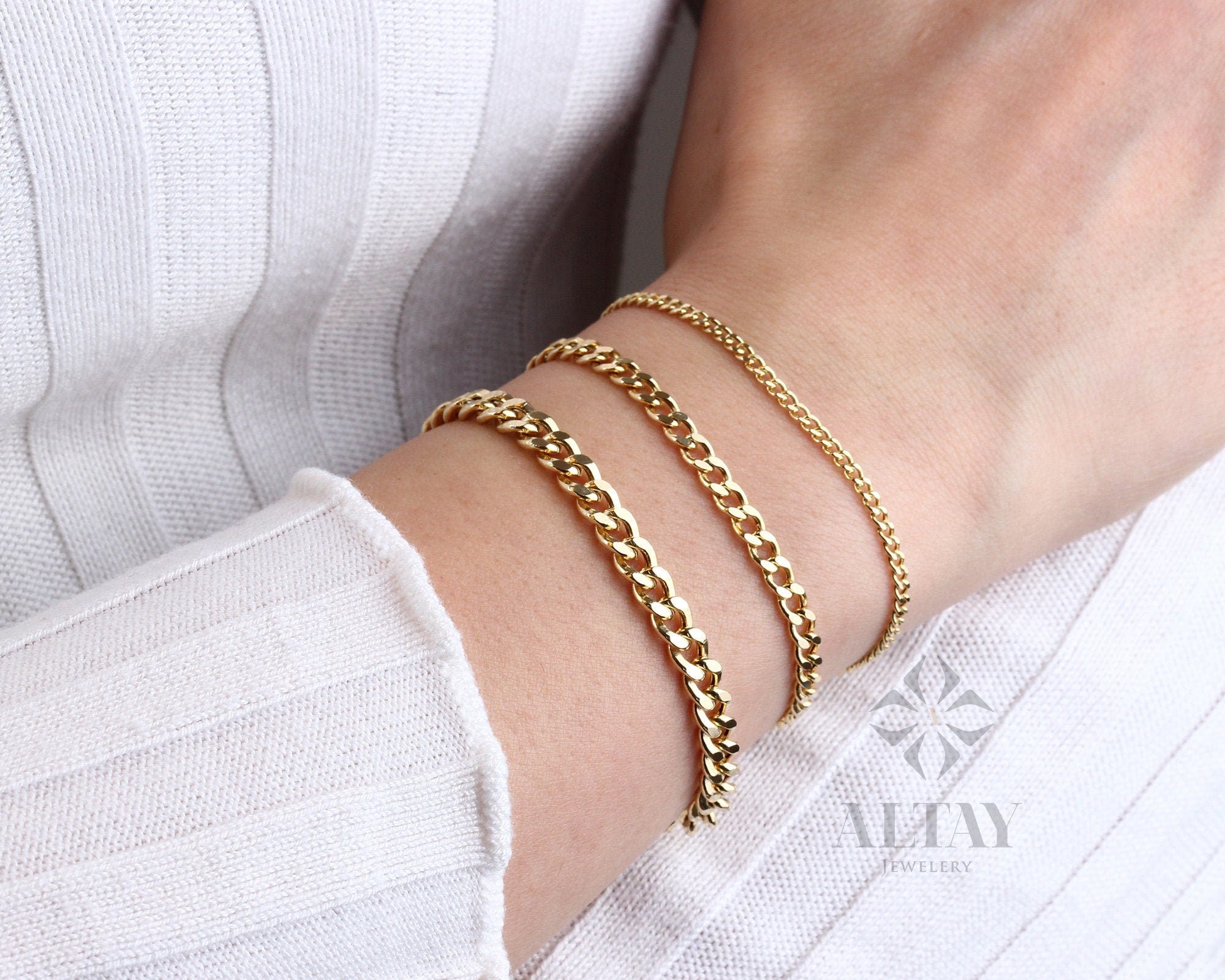 14K Gold Cuban Link Bracelet, 2mm 3mm 4mm Curb Chain, Women Men Real Gold Stacking Bracelet, Miami Cuban Chain Link, Handmade Bracelet