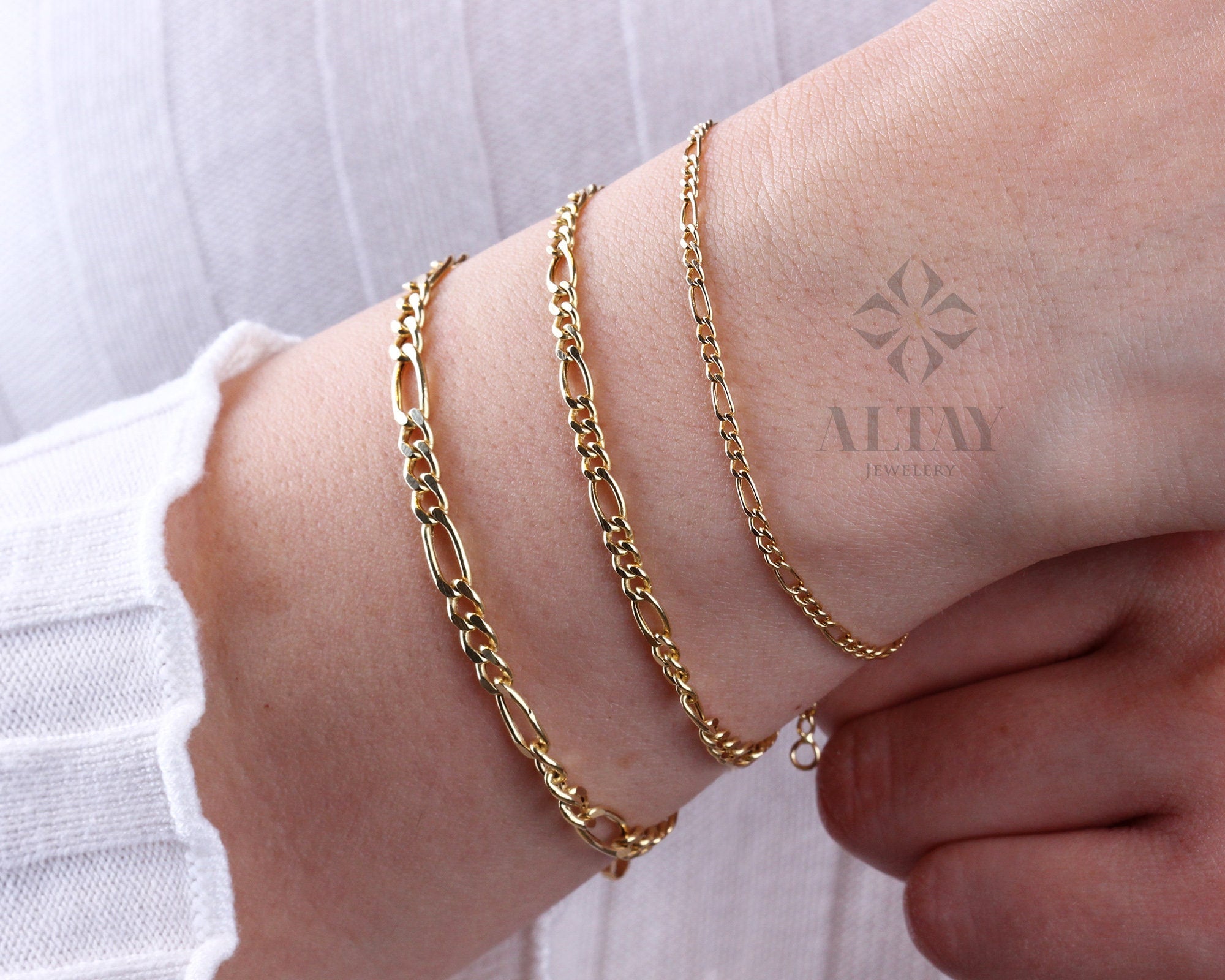 14K Solid Gold Figaro Chain Bracelet, 2mm 3mm 4mm Italian Figaro Chain Link, Real Gold Dainty Bracelet, Stacking Bracelet, Gift for Her
