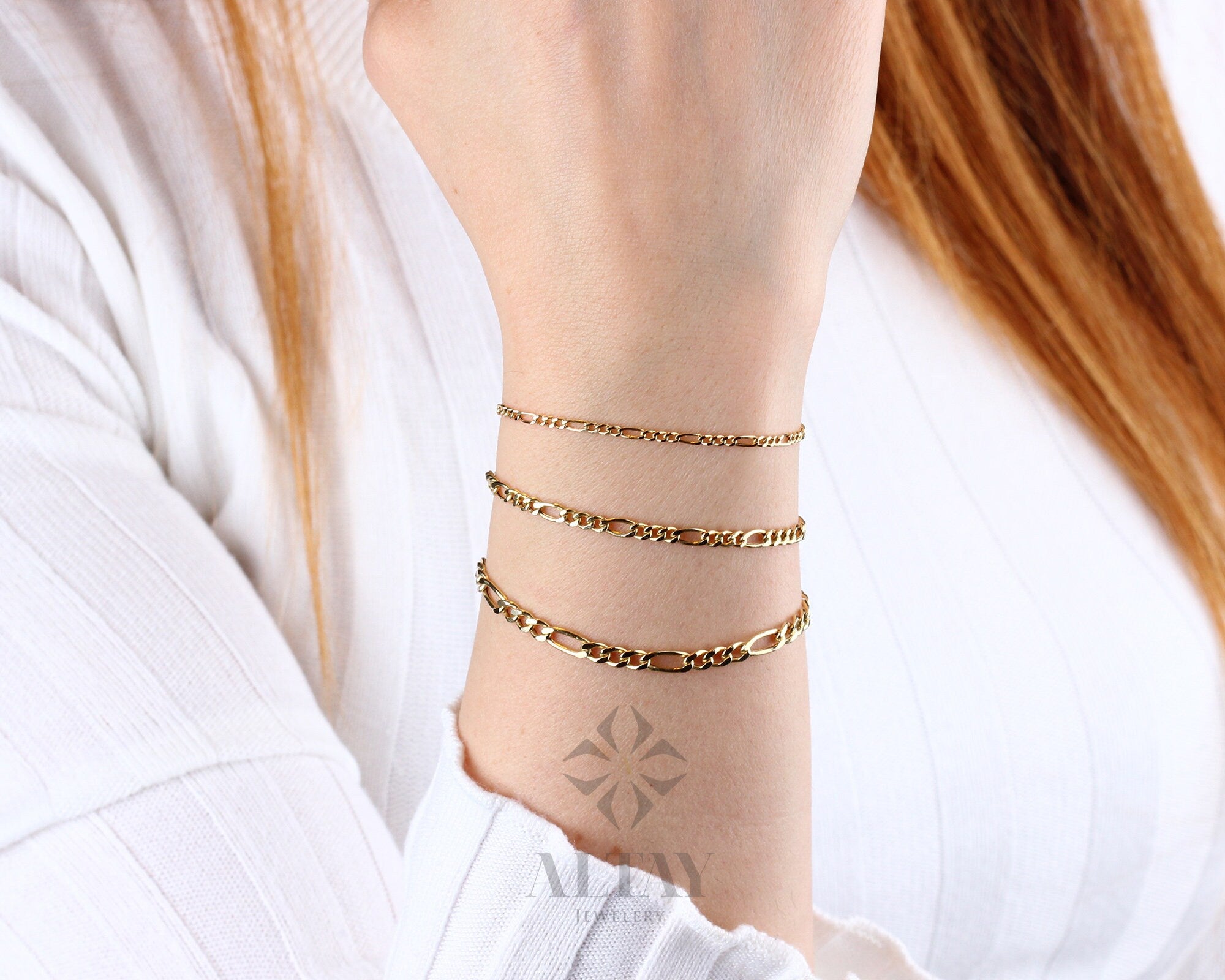 14K Solid Gold Figaro Chain Bracelet, 2mm 3mm 4mm Italian Figaro Chain Link, Real Gold Dainty Bracelet, Stacking Bracelet, Gift for Her