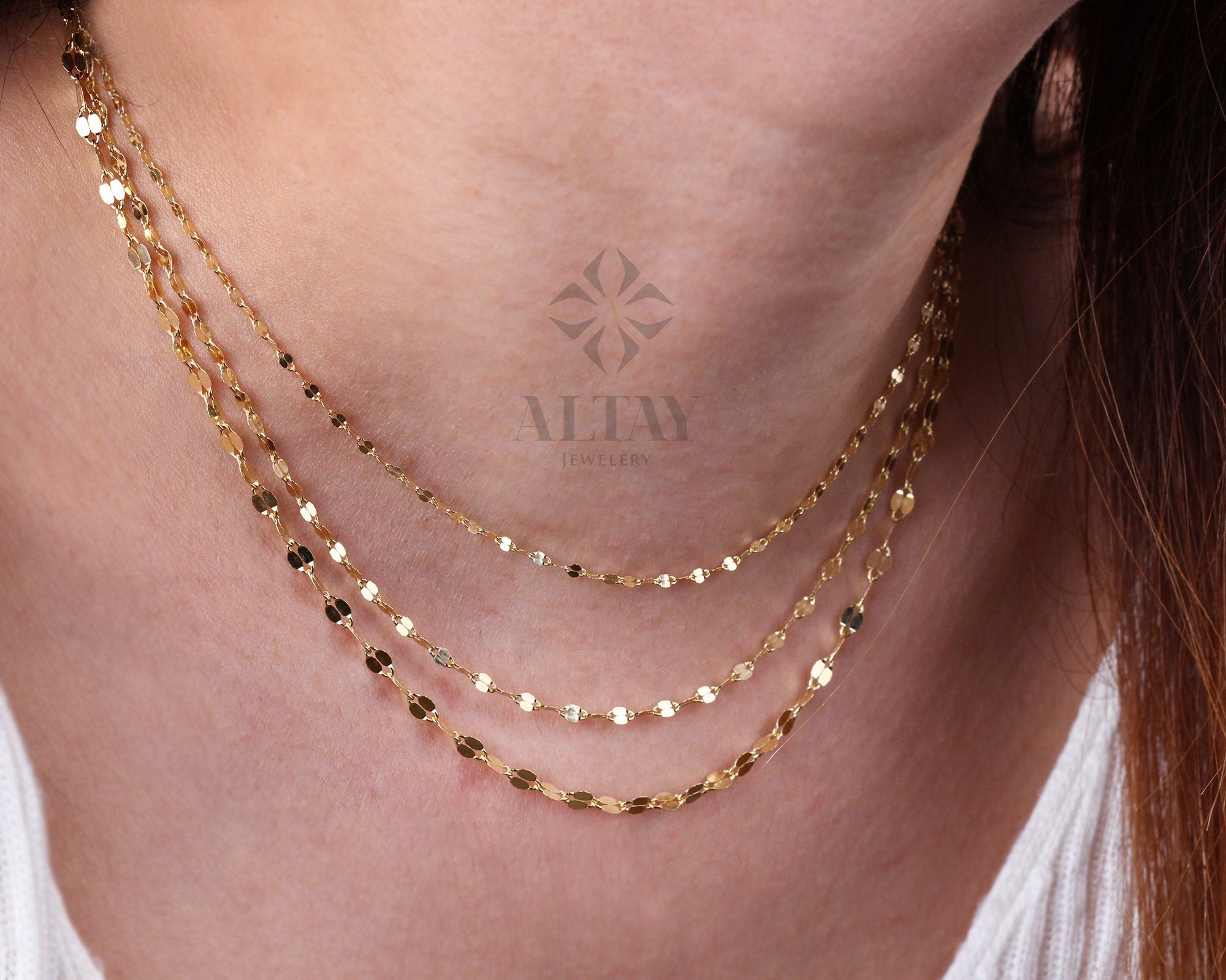 14K Solid Gold Sequin Necklace, Dainty Chain Choker, Dainty Lace Thin Gold Charm, Delicate Sequin Necklace, Gift For Her