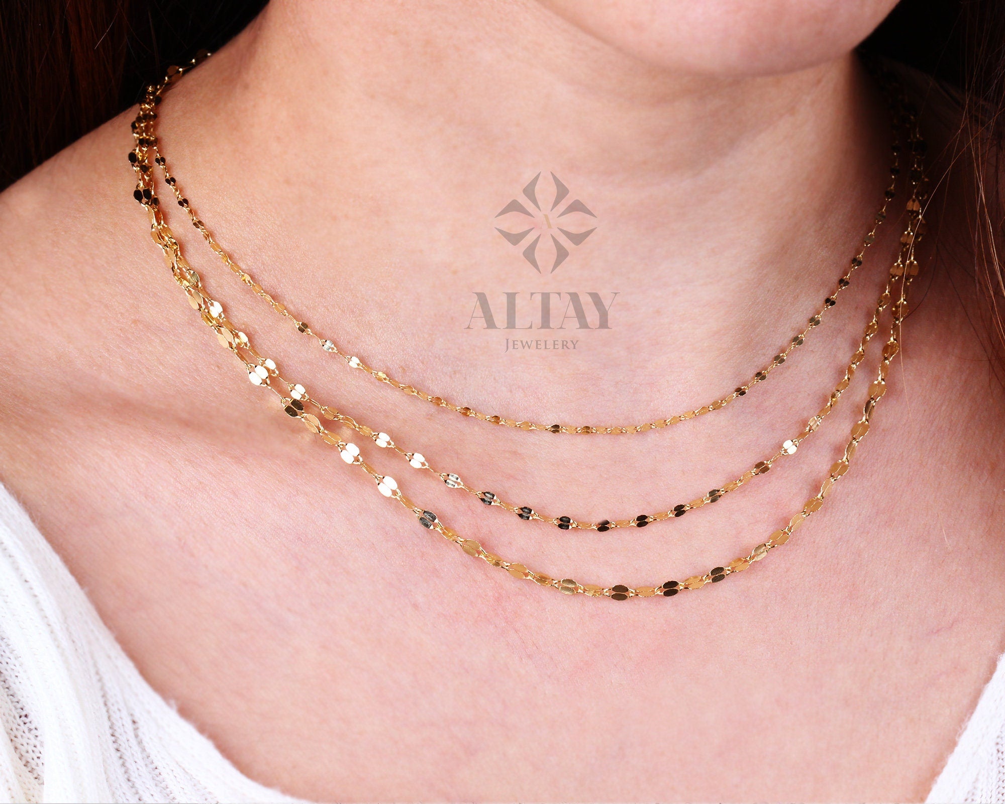 Solid gold dainty necklace, delicate sequin charm