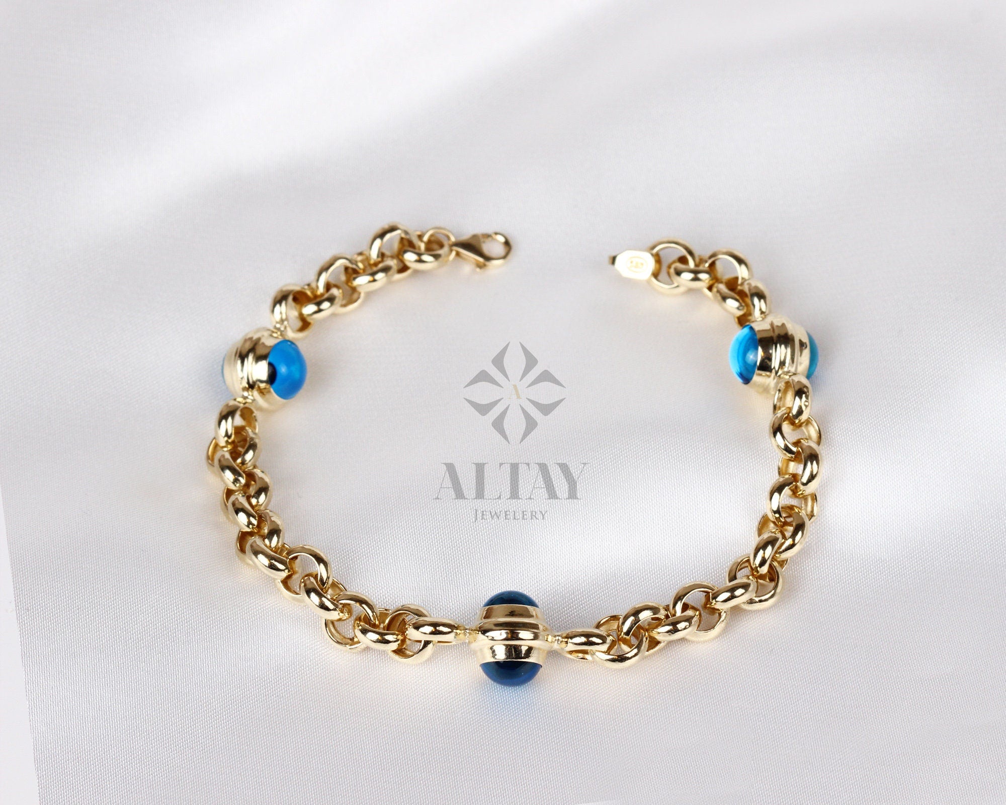 14K Gold Evil Eye Bracelet, Gold Rolo Chain Bracelet, Evil Eye Charm Bracelet, Everyday Protective Jewelry, Minimalist Jewelry, Gift for Her