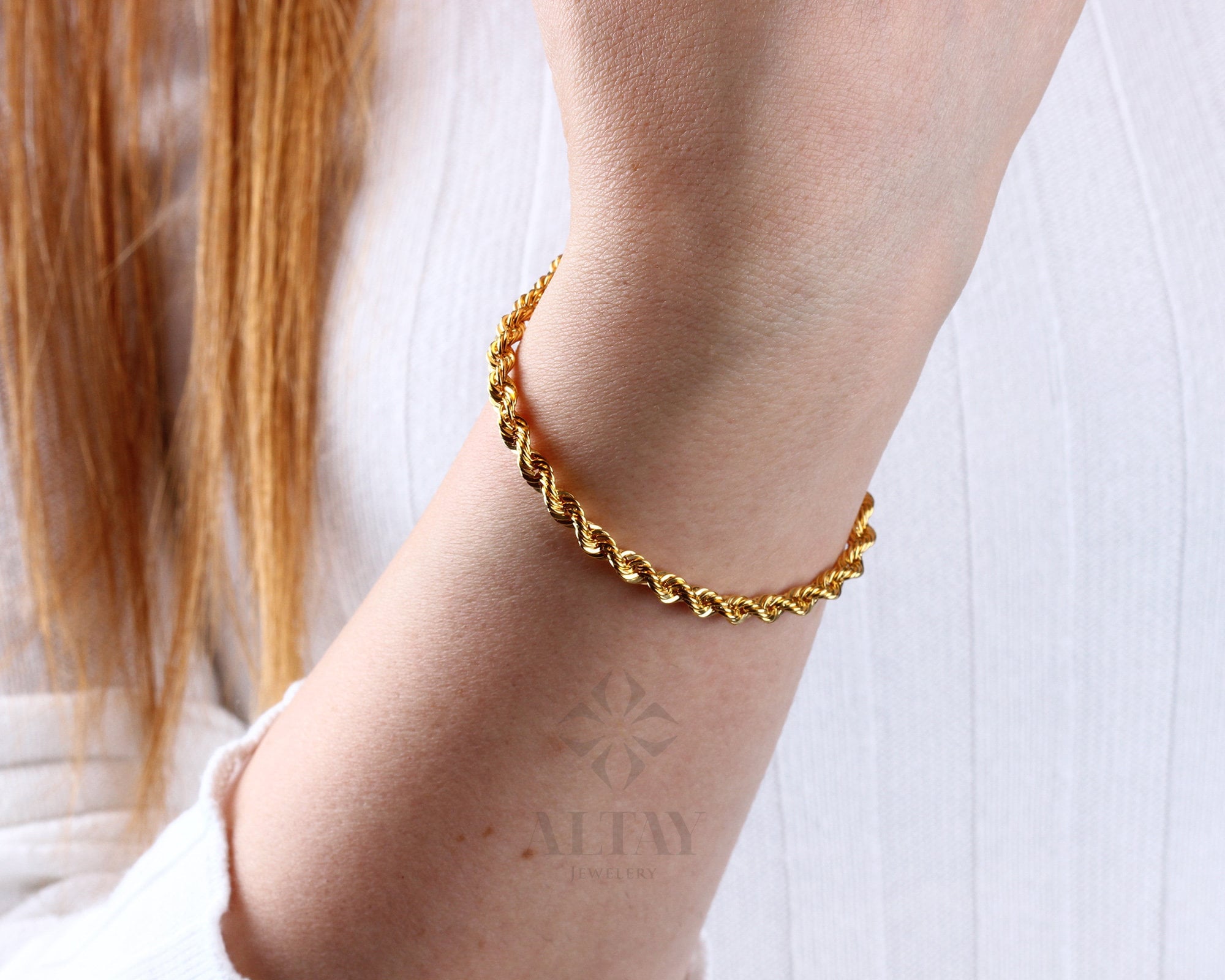 14K Solid Gold Rope Chain Bracelet, Dainty Bracelet, Gift For Her, Unisex Bracelet, Twist Chunky Chain, Fashion Delicate, Stacking Bracelet