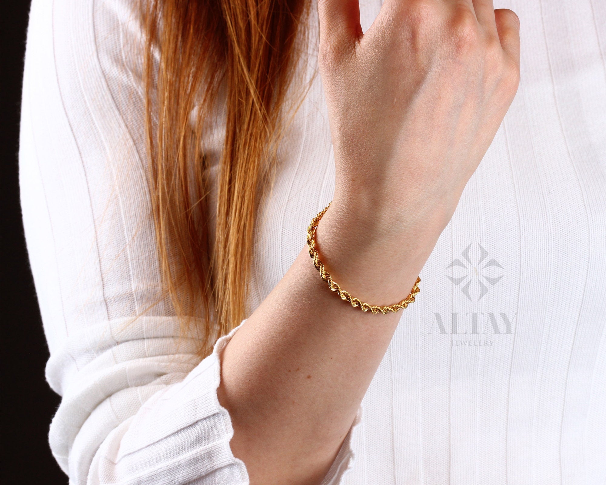 14K Solid Gold Rope Chain Bracelet, Dainty Bracelet, Gift For Her, Unisex Bracelet, Twist Chunky Chain, Fashion Delicate, Stacking Bracelet