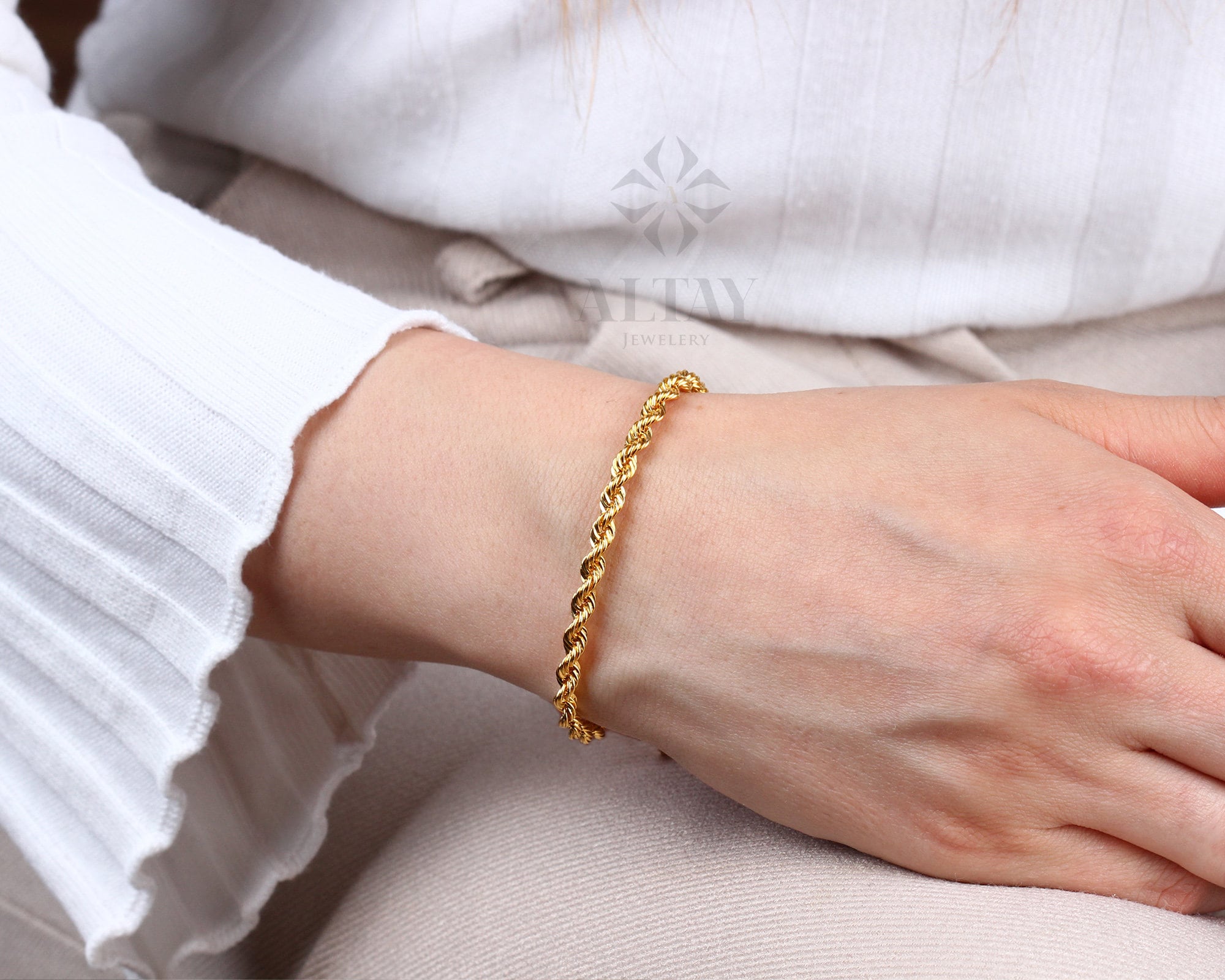 14K Solid Gold Rope Chain Bracelet, Dainty Bracelet, Gift For Her, Unisex Bracelet, Twist Chunky Chain, Fashion Delicate, Stacking Bracelet