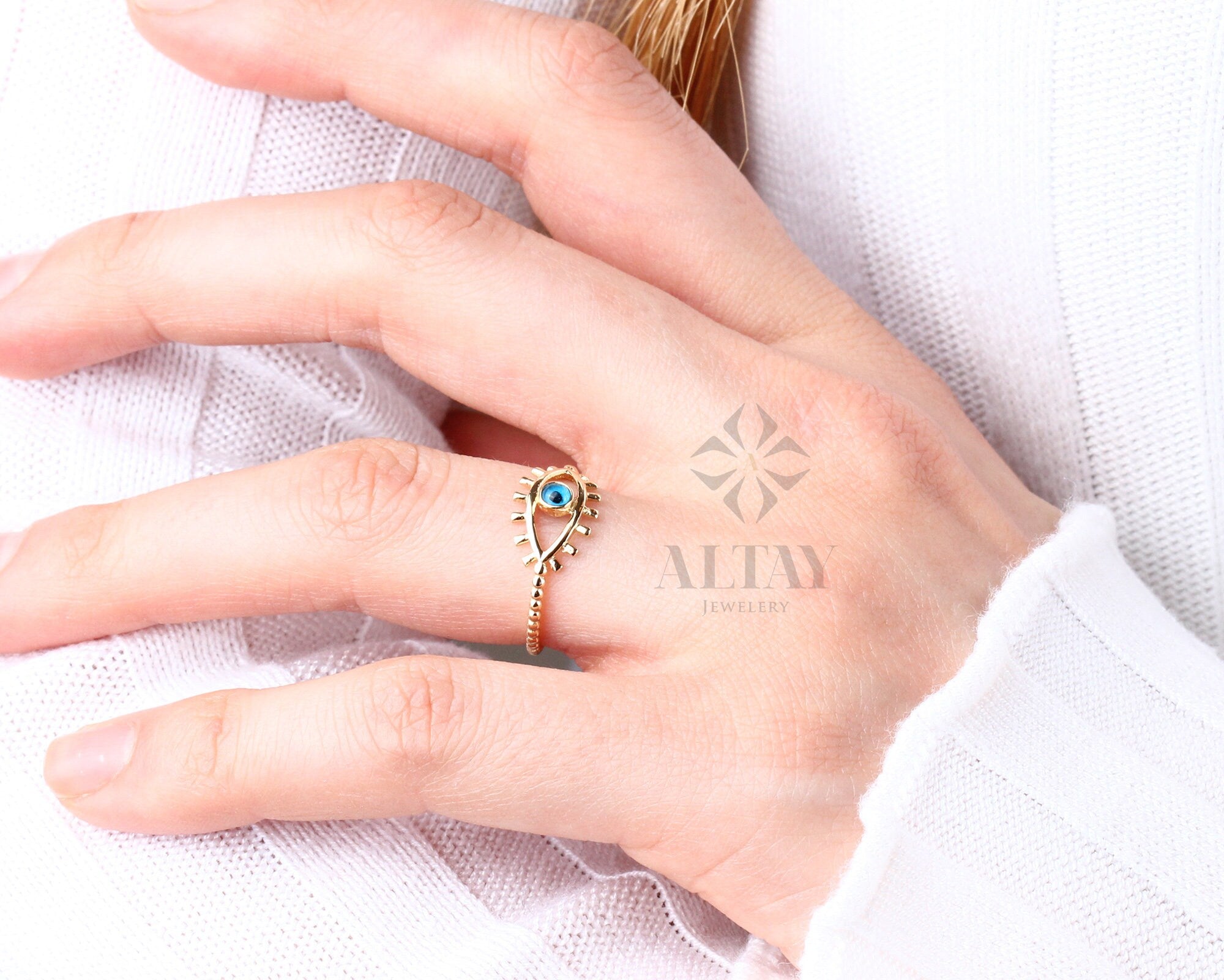 14K Solid Gold Evil Eye Ring, Evil Eye Stone, Good Luck Ring, Dainty Ring, Stackable Ring, Gift For Her, Minimal Ring, Delicate Fashion Ring