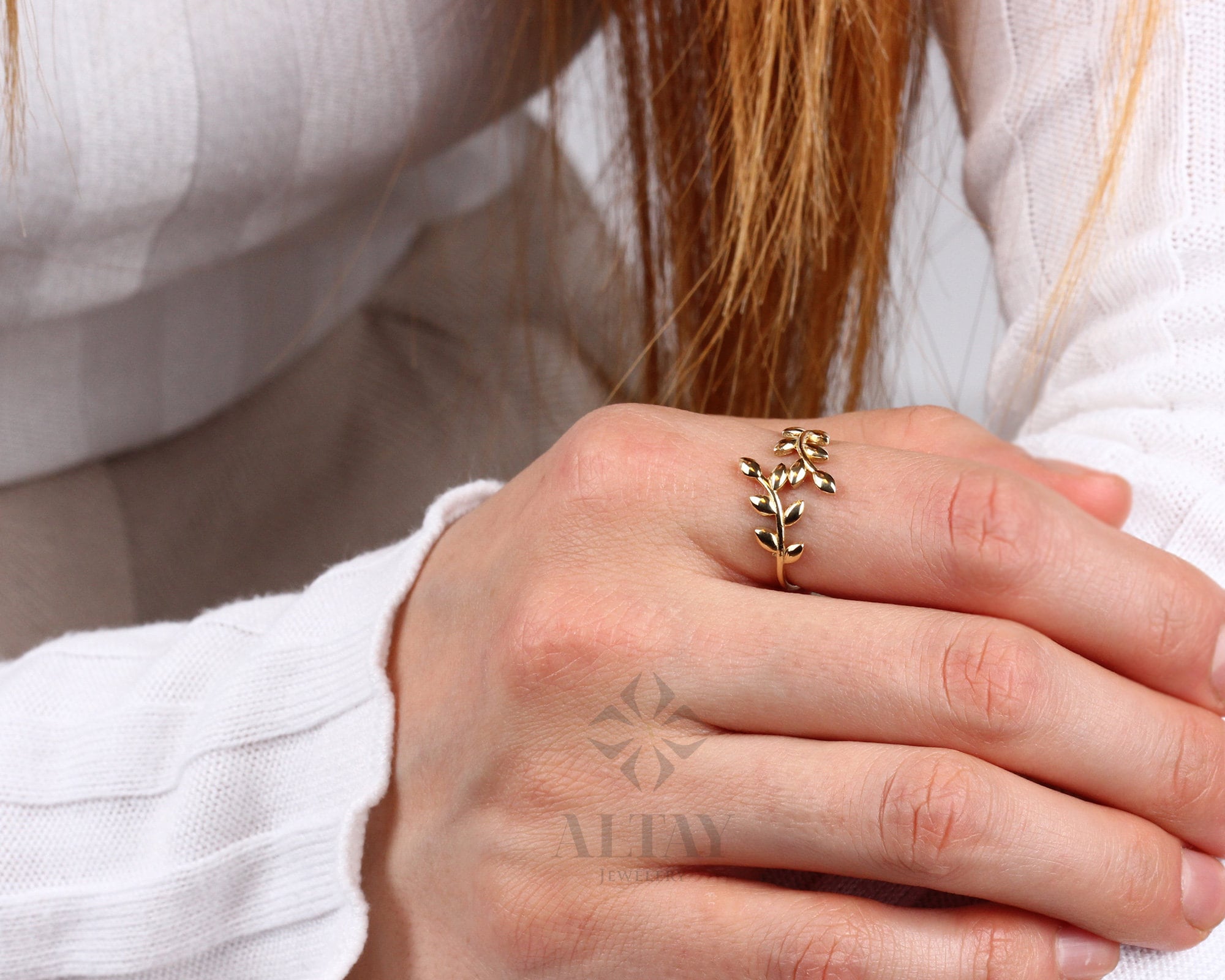 14K Gold Leaf Ring, Olive Leaf Ring, Botanical Wedding Ring, Dainty Floral Ring, Unique Stacking Nature Ring, Eternity Vine Band Branch Ring