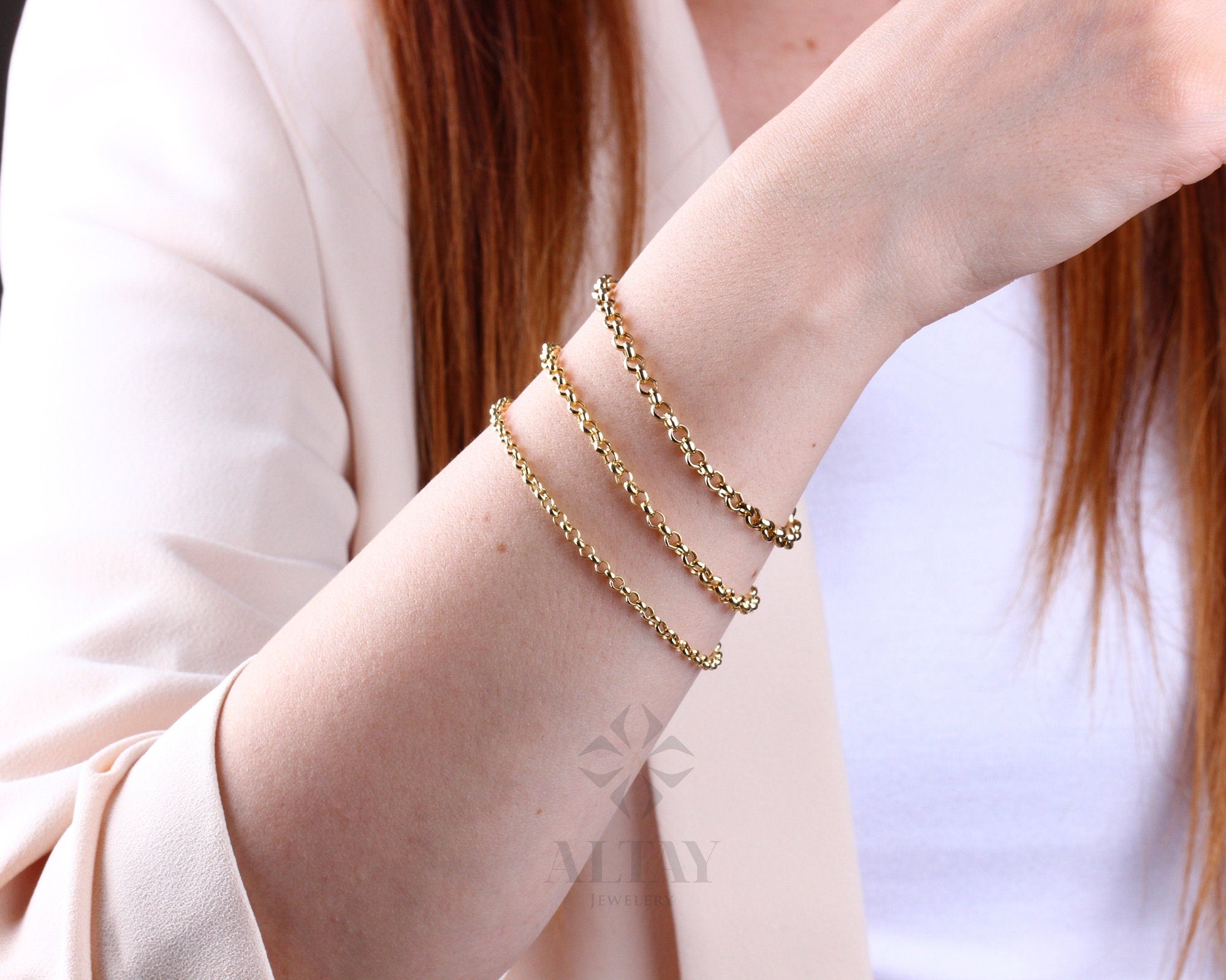 14K Gold Rolo Chain Bracelet, 3mm 4mm 5mm Gold Link Belcher Chain Bracelet, Link Charm Bracelet, Minimal Delicate Round Bracelet, Woman, Men