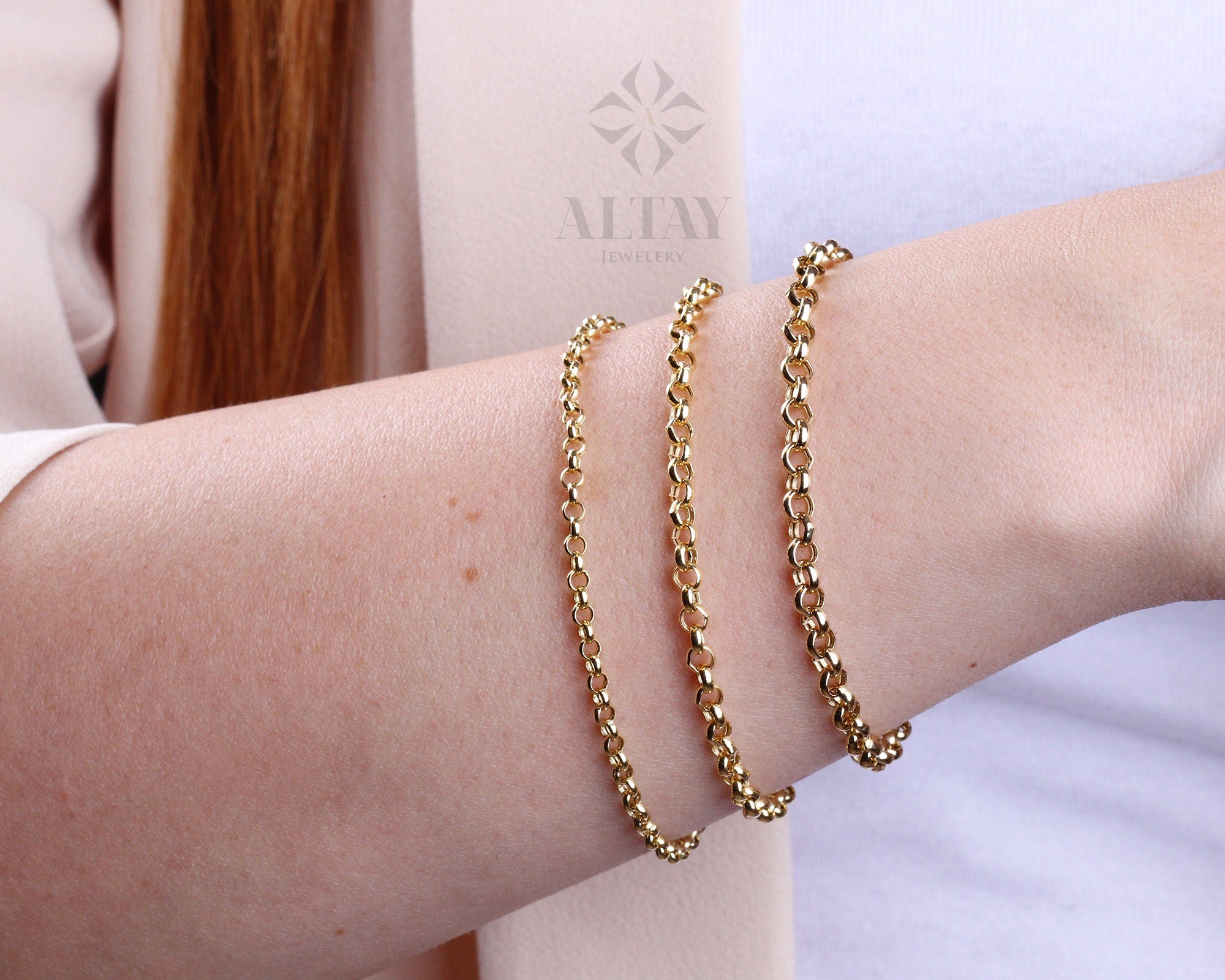 14K Gold Rolo Chain Bracelet, 3mm 4mm 5mm Gold Link Belcher Chain Bracelet, Link Charm Bracelet, Minimal Delicate Round Bracelet, Woman, Men