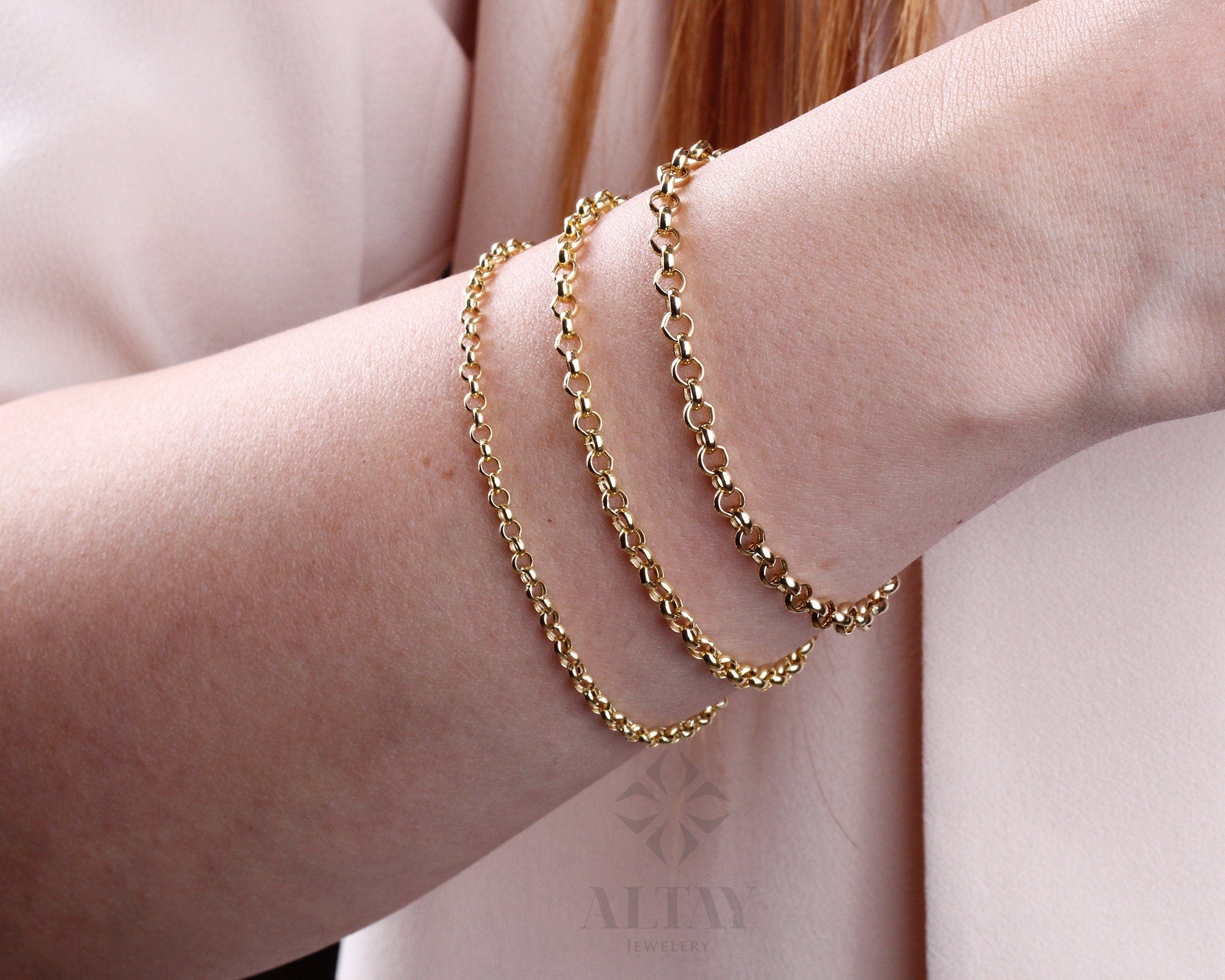 14K Gold Rolo Chain Bracelet, 3mm 4mm 5mm Gold Link Belcher Chain Bracelet, Link Charm Bracelet, Minimal Delicate Round Bracelet, Woman, Men