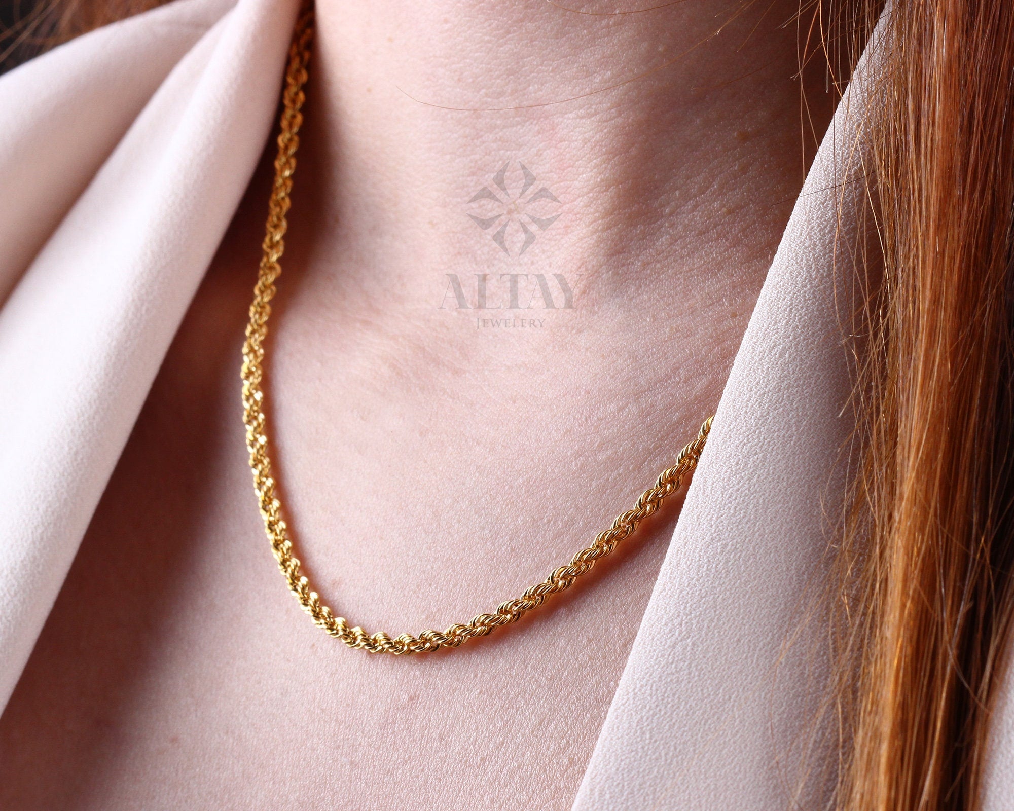 14K Gold Rope Chain Necklace, 2mm 3mm 4mm Rope Chain Necklace, Diamond Cut Twisted Chain Choker, Men Women Gold Necklace, Layering Necklace