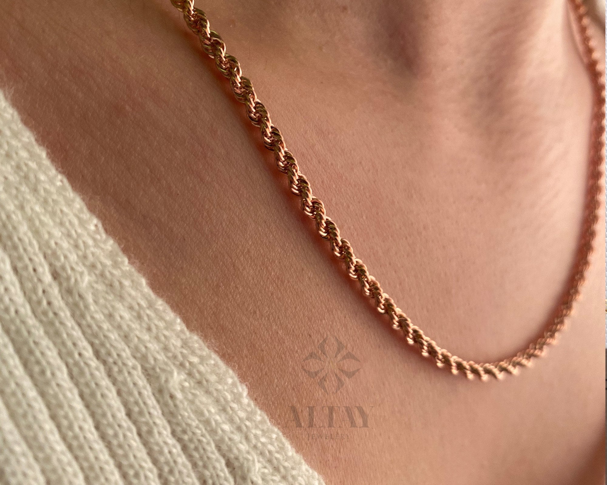 14K Gold Rope Chain Necklace, 4mm Diamond Cut Chain Choker, Twisted Chain Necklace, Men, Woman Stacking Charm, Thick Dainty Necklace