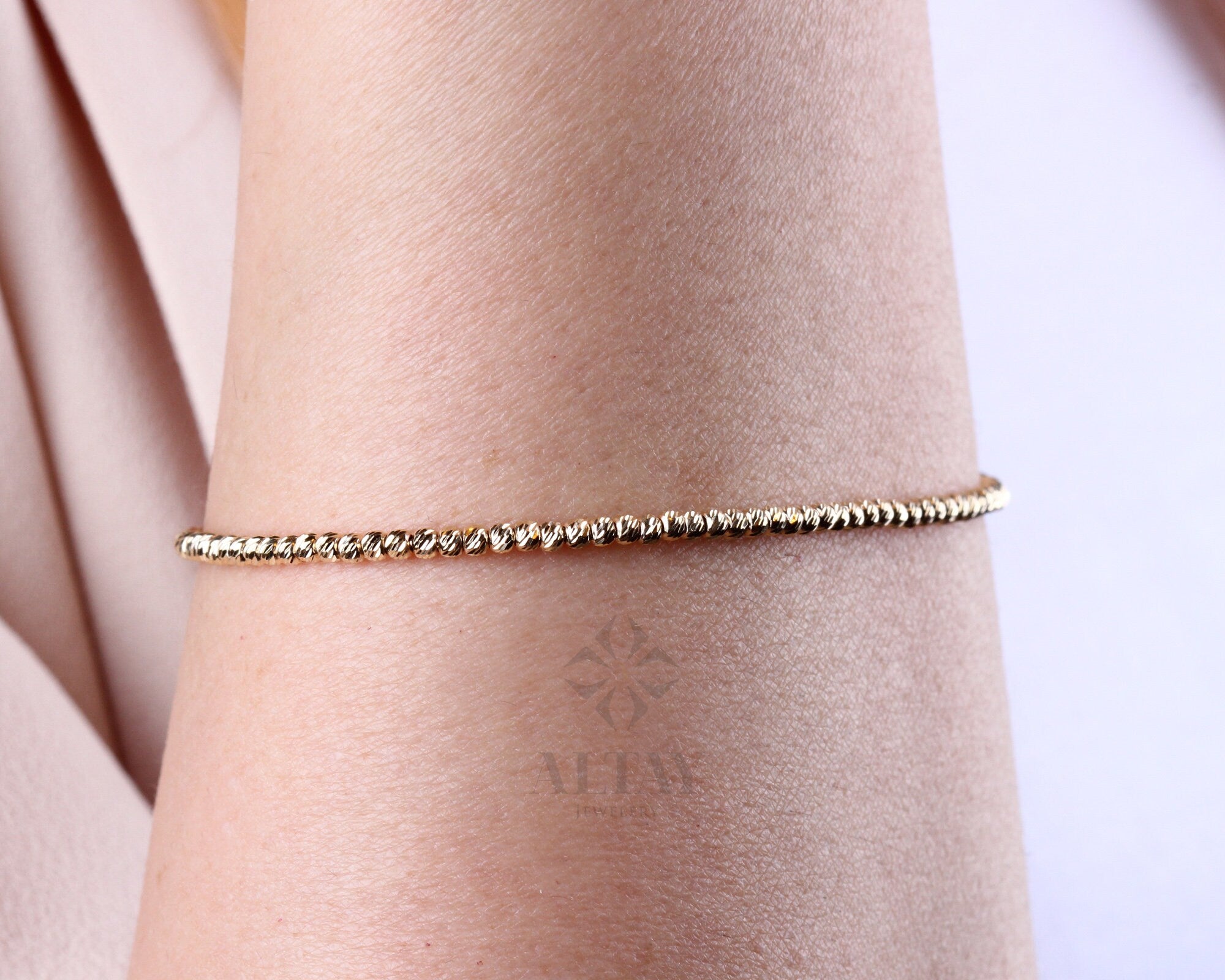 14K Gold Beaded Chain Bracelet, Italian Ball Bead Bracelet, Dorica 2MM Layering Link Wristband, Delicate Dainty Gold Beads, Gift For Her Him