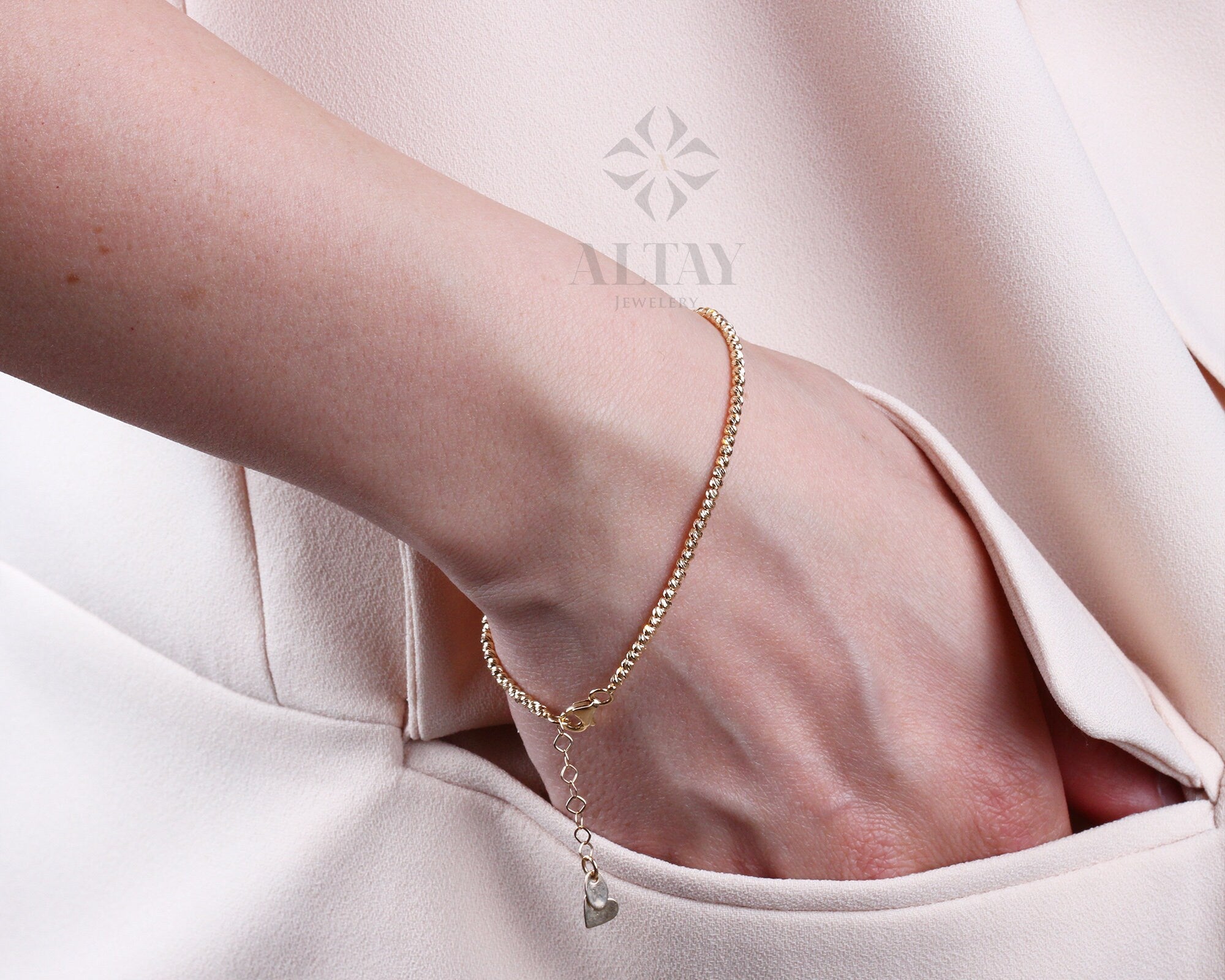 14K Gold Beaded Chain Bracelet, Italian Ball Bead Bracelet, Dorica 2MM Layering Link Wristband, Delicate Dainty Gold Beads, Gift For Her Him