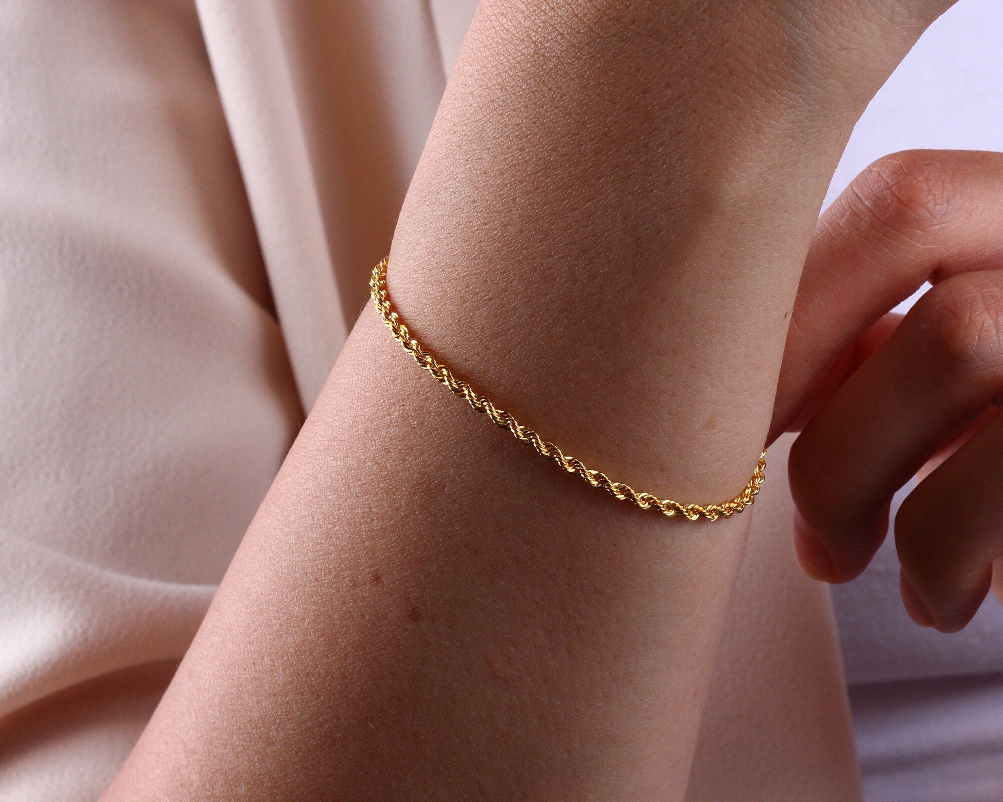 14K Solid Gold Rope Chain Bracelet, 2mm Diamond-Cut Bracelet, Twist Chunky Anklet Unisex Chain, Fashion Delicate, Stacking, Gift For Her Him