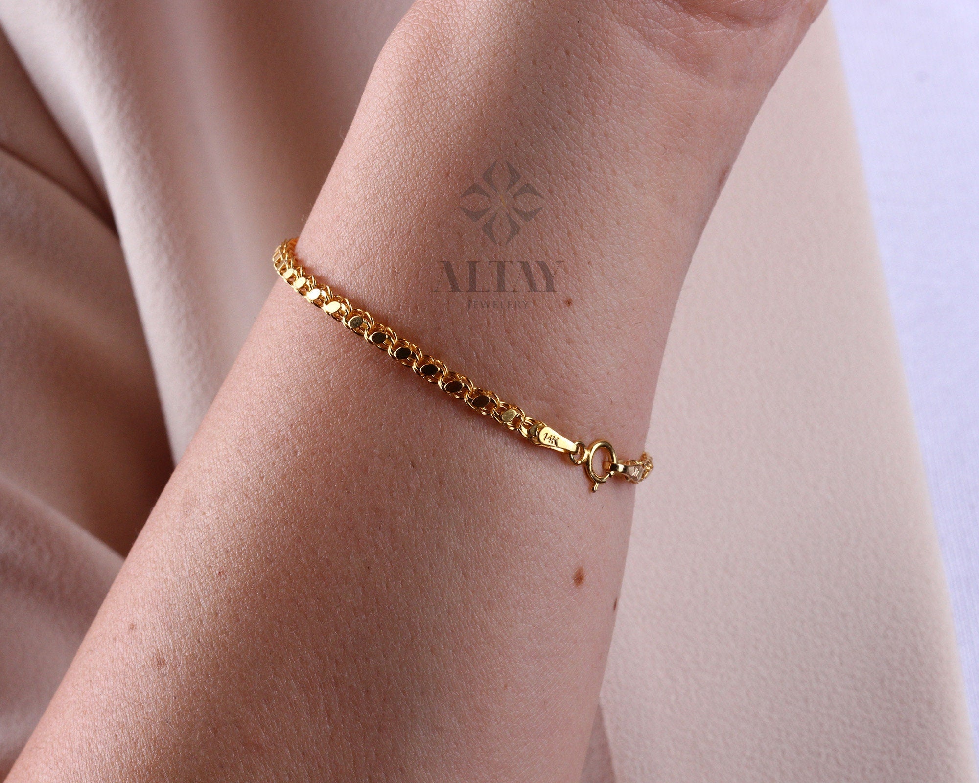 14K Solid Gold Mirror Chain Bracelet, 3mm Sequin Bracelet, Elegant Anklet Unisex Chain, Sparkle Fashion Delicate, Stacking, Gift For Her Him