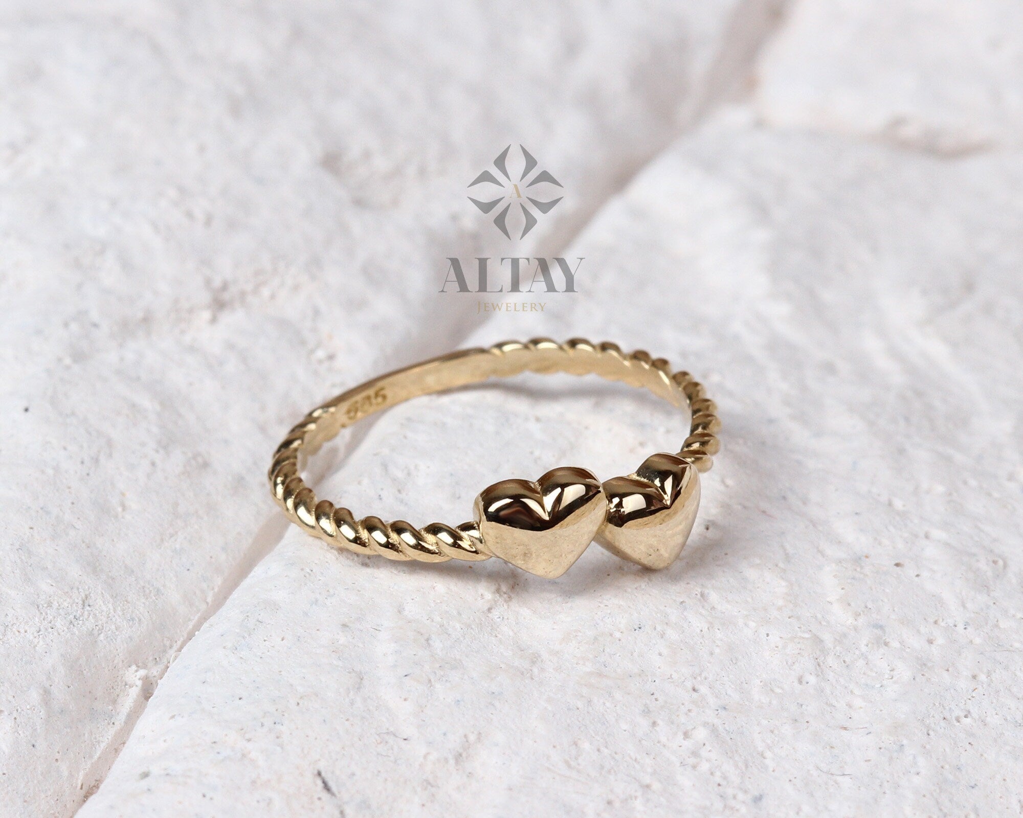 14K Solid Gold Heart Ring, Double Heart Dainty Ring, Promise Ring, Valentine Twin Heart Rope Ring, Tiny Love Shape, Gift For Her, Real Gold