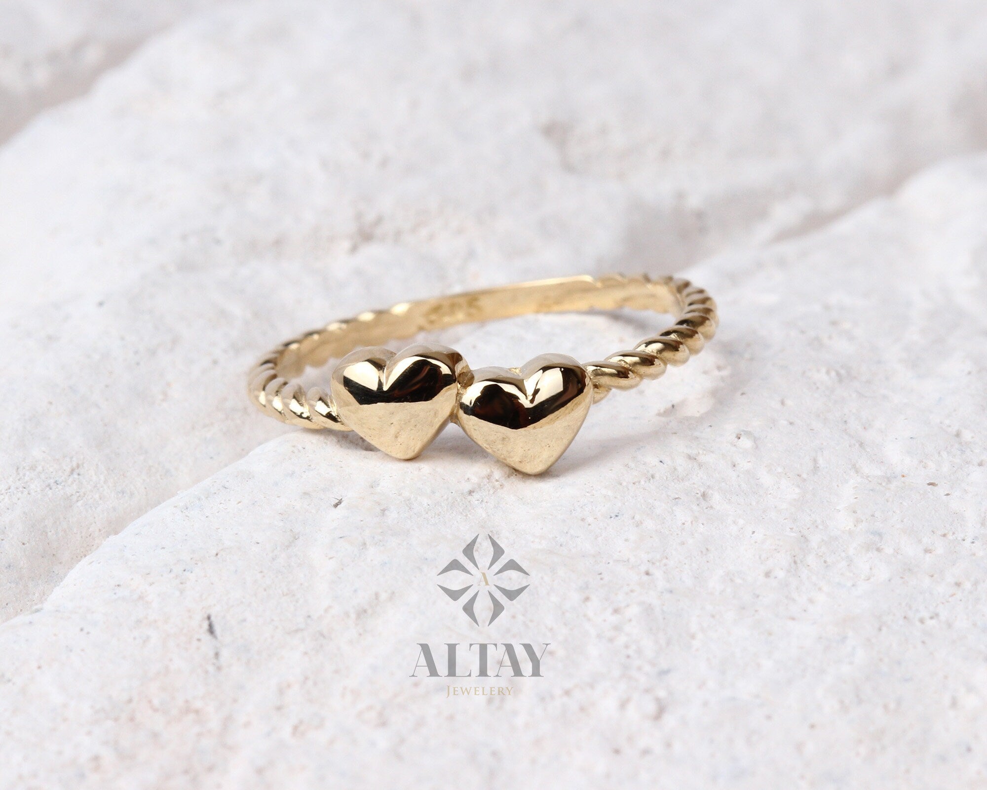 14K Solid Gold Heart Ring, Double Heart Dainty Ring, Promise Ring, Valentine Twin Heart Rope Ring, Tiny Love Shape, Gift For Her, Real Gold