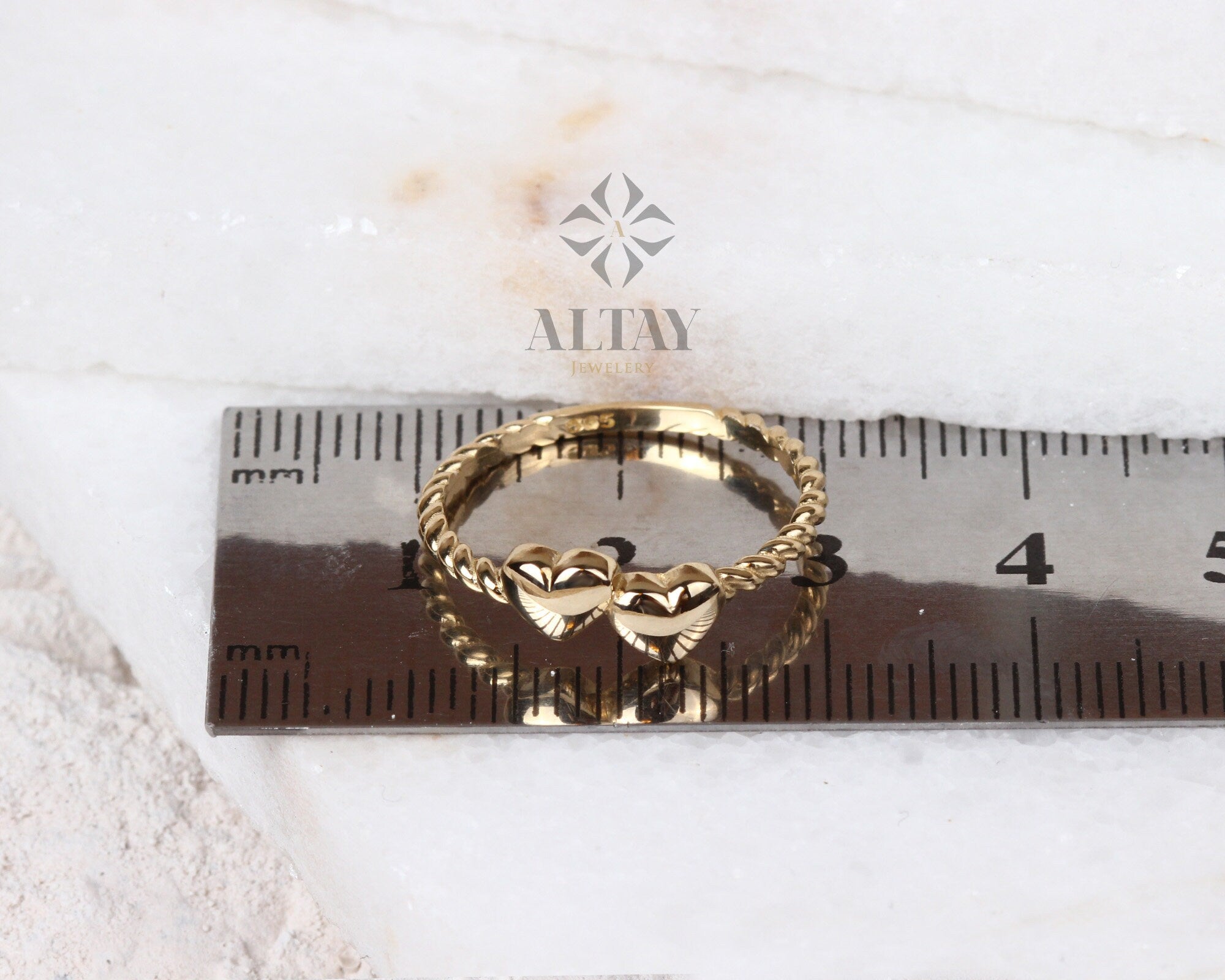 14K Solid Gold Heart Ring, Double Heart Dainty Ring, Promise Ring, Valentine Twin Heart Rope Ring, Tiny Love Shape, Gift For Her, Real Gold