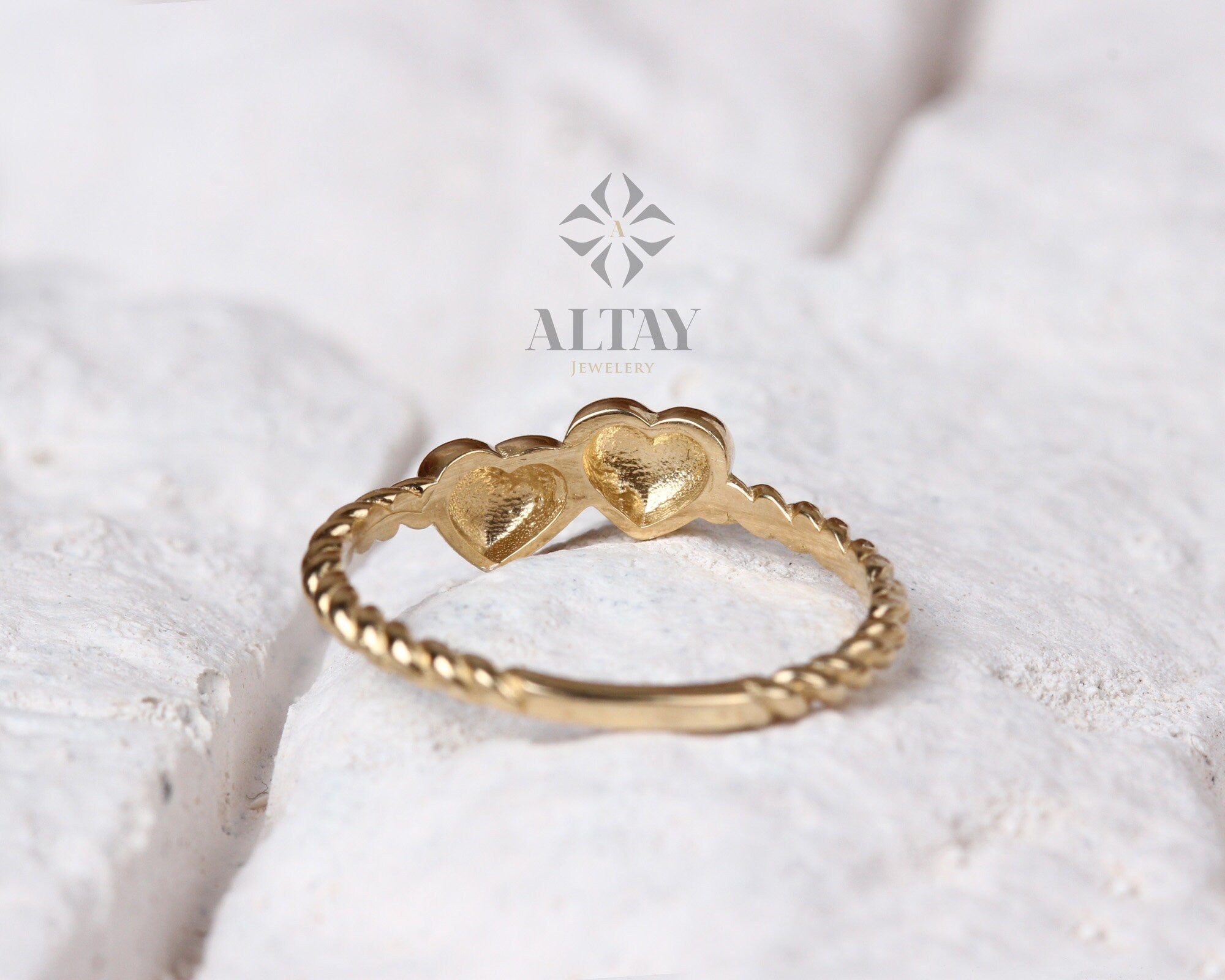 14K Solid Gold Heart Ring, Double Heart Dainty Ring, Promise Ring, Valentine Twin Heart Rope Ring, Tiny Love Shape, Gift For Her, Real Gold