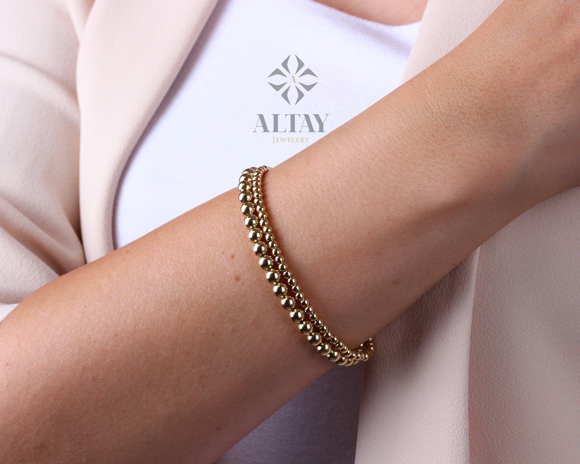 14K Gold Beaded Chain Bracelet, 3mm 5mm Mini Balls Bracelet, Multiballs Chain, Bead Minimalist Fashion Bracelet, Delicate, Gift For Her