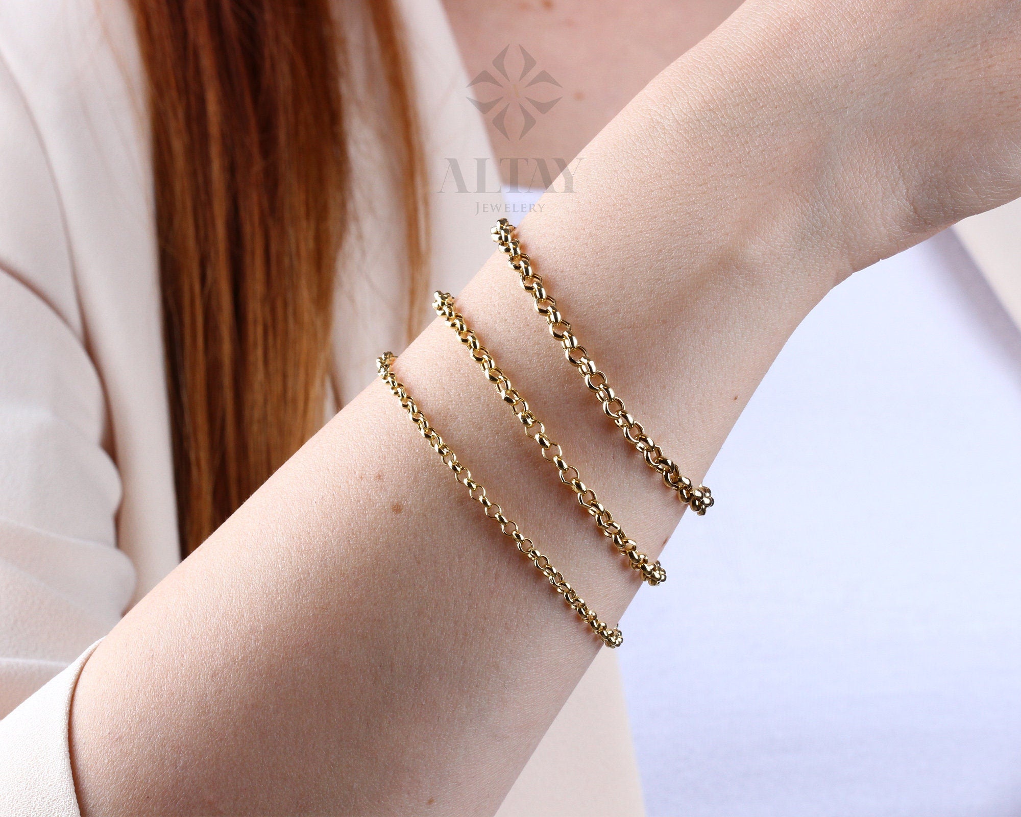 14K Gold Rolo Chain Bracelet, 3mm 4mm 5mm Gold Link Belcher Chain Bracelet, Link Charm Bracelet, Minimal Delicate Round Bracelet, Woman, Men