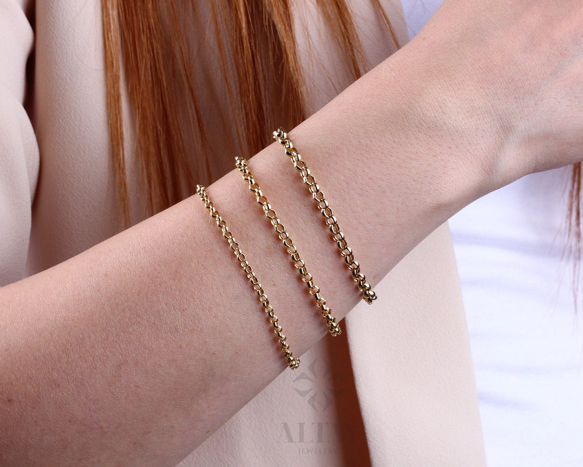 14K Gold Rolo Chain Bracelet, 3mm 4mm 5mm Gold Link Belcher Chain Bracelet, Link Charm Bracelet, Minimal Delicate Round Bracelet, Woman, Men