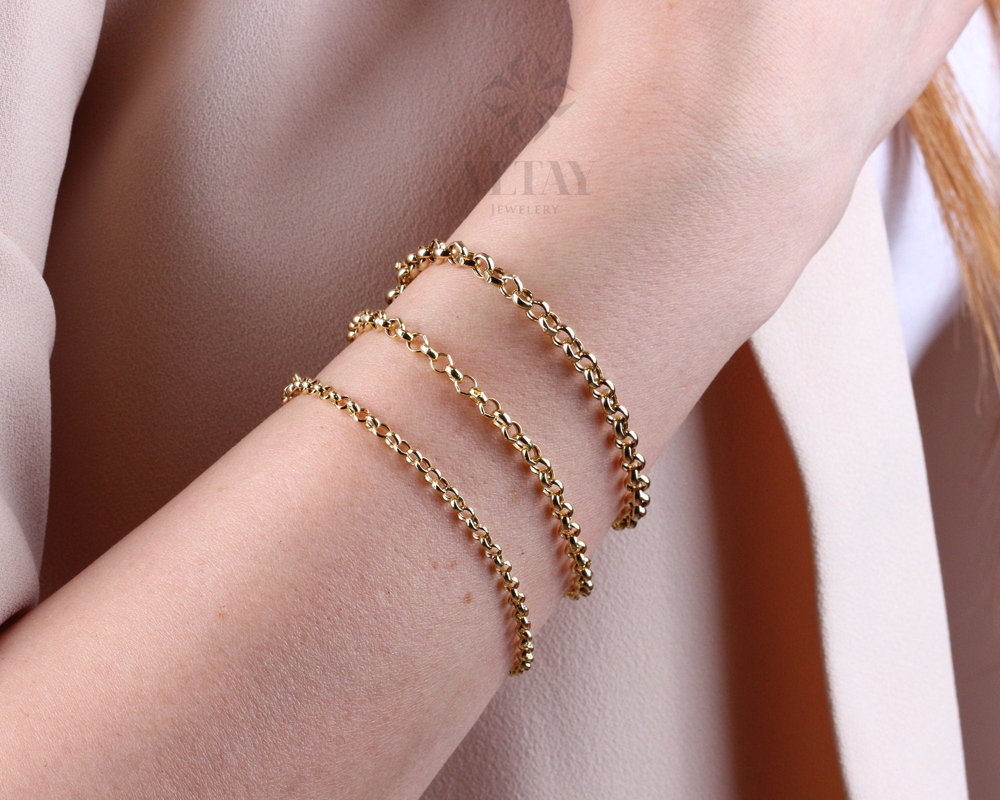 14K Gold Rolo Chain Bracelet, 3mm 4mm 5mm Gold Link Belcher Chain Bracelet, Link Charm Bracelet, Minimal Delicate Round Bracelet, Woman, Men