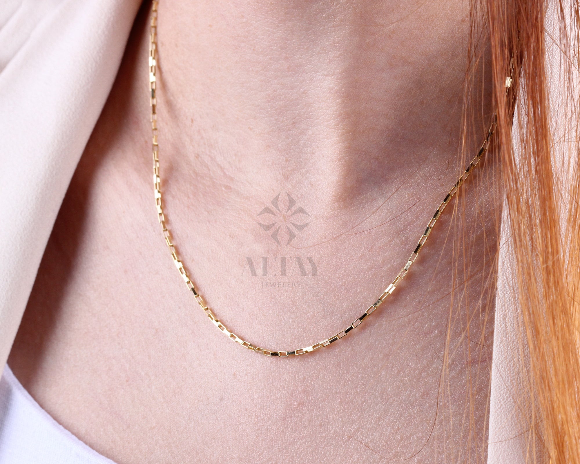 14K Gold Rectangle Box Chain Necklace, 1.35mm Tiny Link Gold Chain Choker, Gold Paperclip Venetian Box Chain, Layering Elongated Link