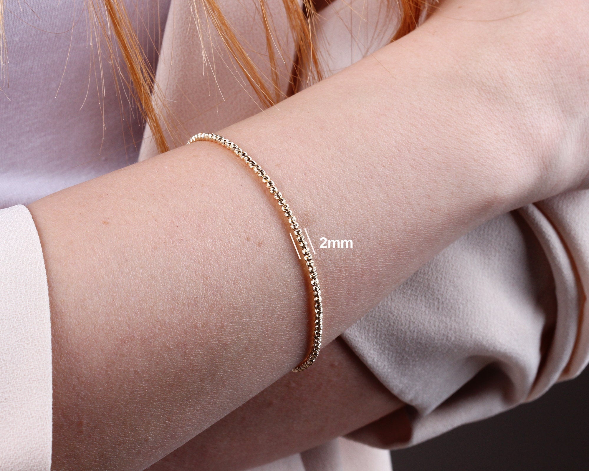 14K Gold Beaded Chain Bracelet, Italian Ball Bead Bracelet, Dorica 2MM Layering Link Wristband, Delicate Dainty Gold Beads, Gift For Her Him