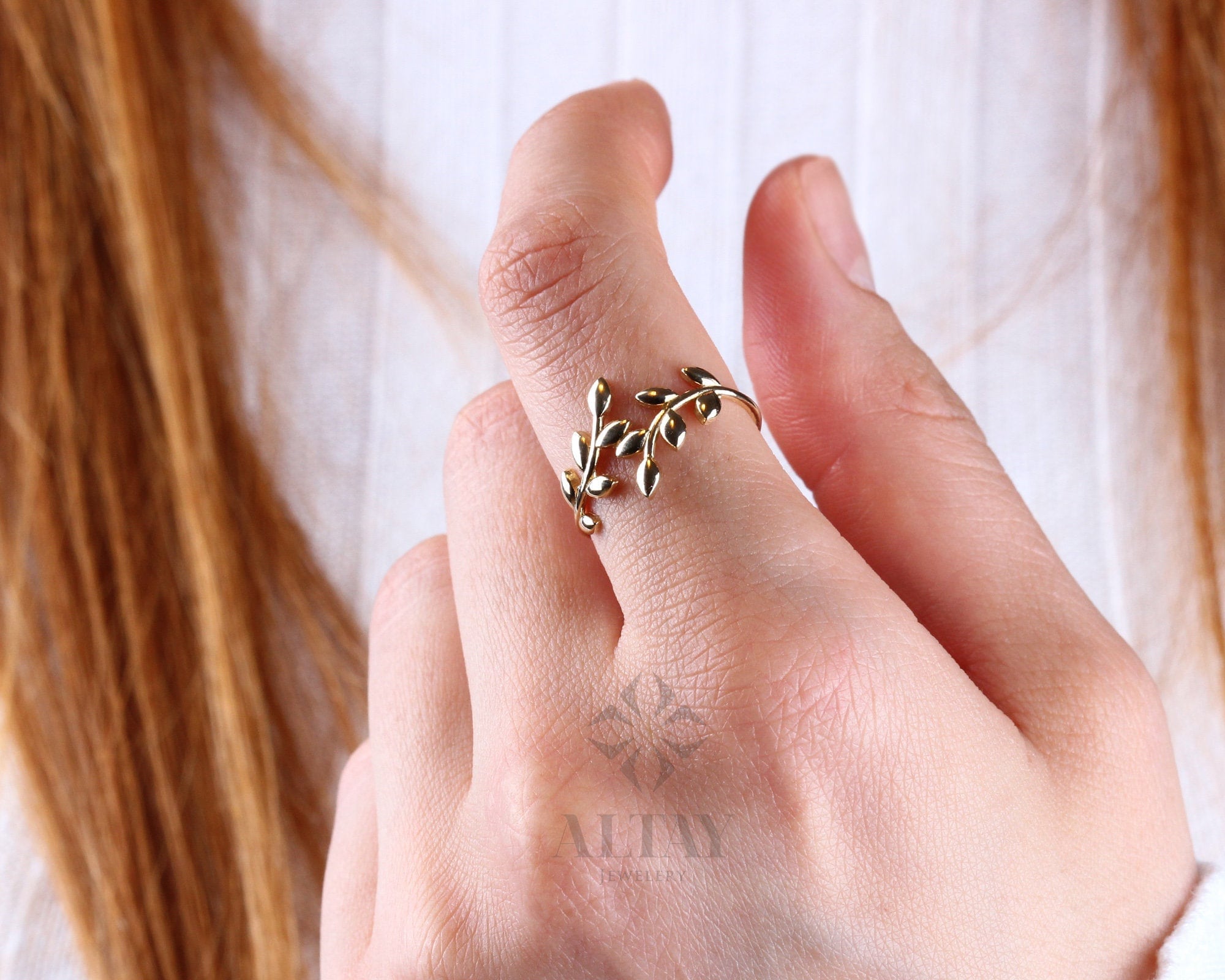 14K Gold Leaf Ring, Olive Leaf Ring, Botanical Wedding Ring, Dainty Floral Ring, Unique Stacking Nature Ring, Eternity Vine Band Branch Ring