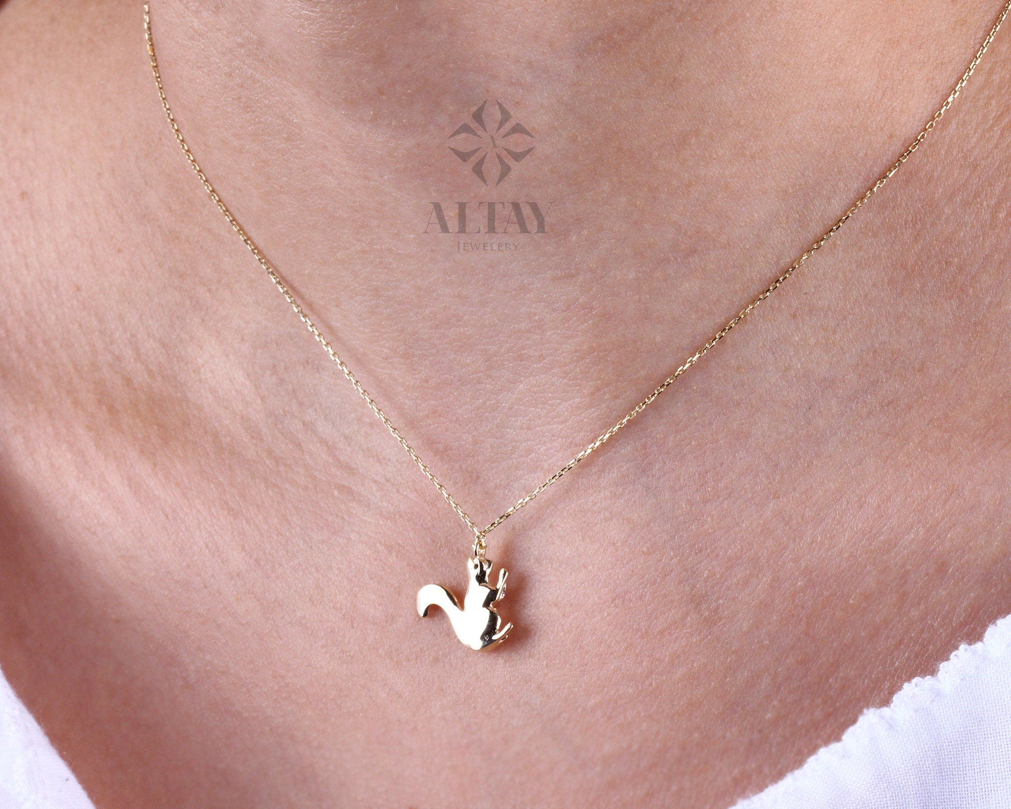 14K Gold Squirrel Necklace, Squirrel Charm Pendant, Good Luck Layering Chain Choker, Animal Pendant, Dainty Gold Charm Jewelry, Gift for Her