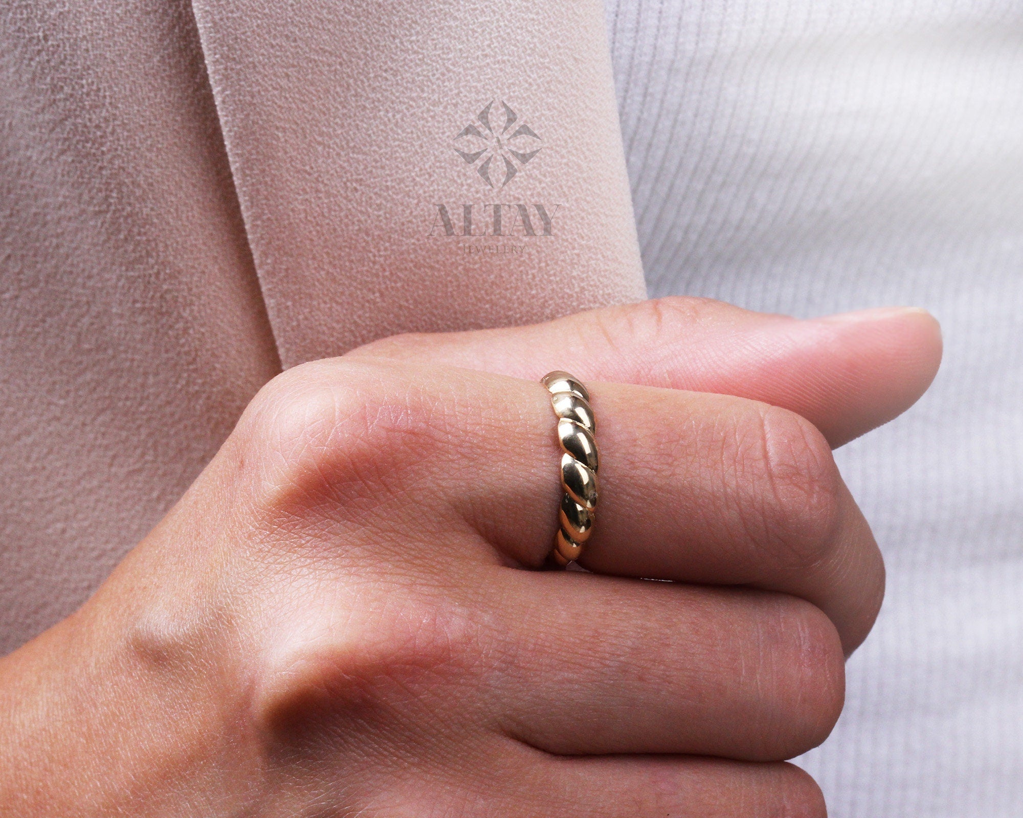 14K Gold Twisted Band Ring, Dainty Rope Style Gold Ring, Minimal Real Gold Ring, Everyday Stacking Band, Gift for Her