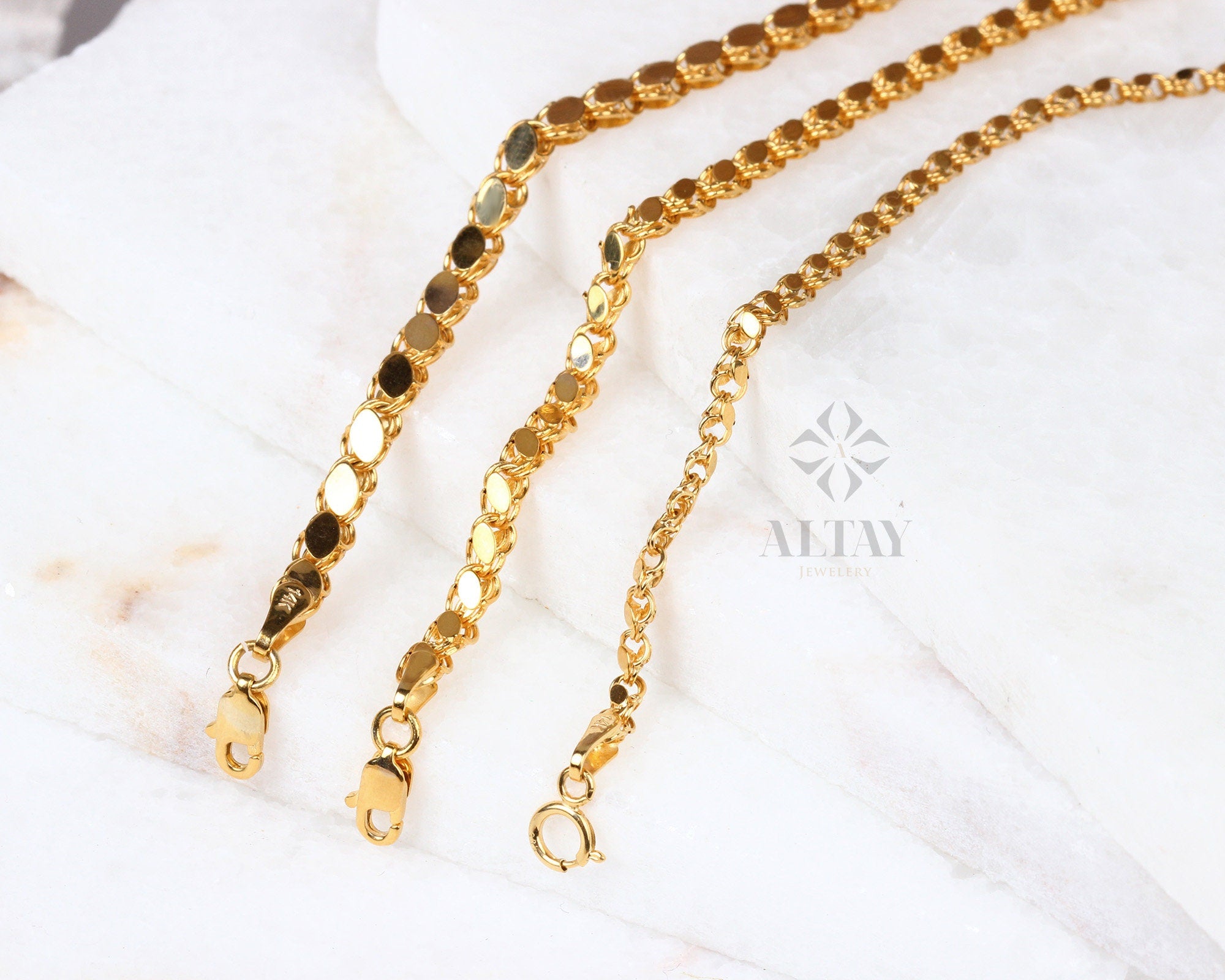 14K Solid Gold Mirror Chain, 2mm 3mm 4mm Fancy Necklace, Gift For Her Him, Unisex Necklace, Marquise Shape Sequin, Daily wear Jewelery