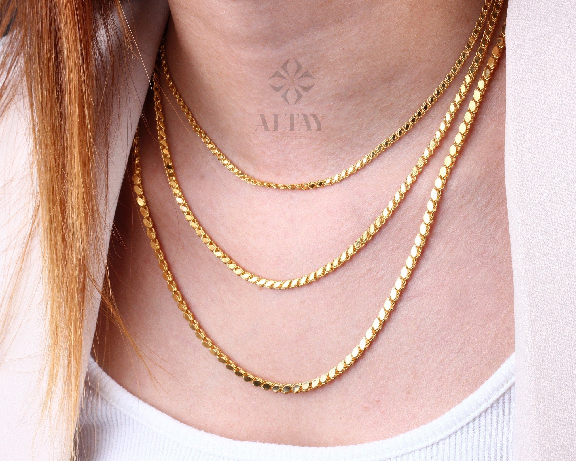 14K Solid Gold Mirror Chain, 2mm 3mm 4mm Fancy Necklace, Gift For Her Him, Unisex Necklace, Marquise Shape Sequin, Daily wear Jewelery