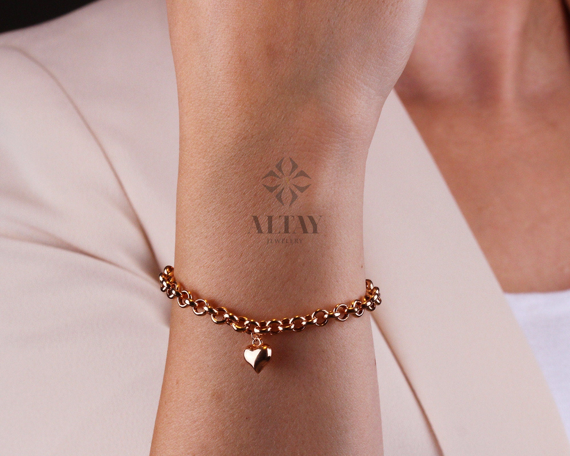 14K Gold 5mm Rolo Chain, Gold Heart Charm Bracelet, Love Bracelet, Mini 3D Heart Pendant, Link Heart Charm Bracelet, Jewelry, Gift for Her