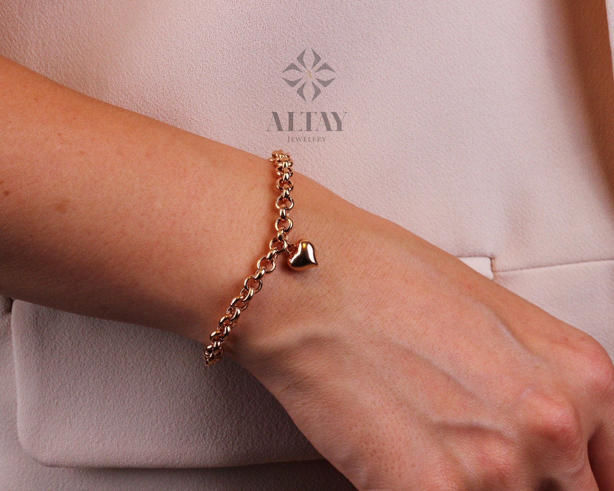 14K Gold 5mm Rolo Chain, Gold Heart Charm Bracelet, Love Bracelet, Mini 3D Heart Pendant, Link Heart Charm Bracelet, Jewelry, Gift for Her