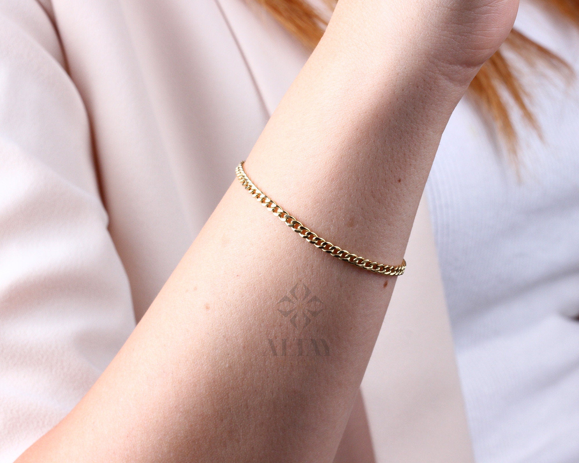 14K Gold Cuban Link Bracelet, 3mm Curb Layering Chain Anklet, Miami Cuban Bold Link, Stacking Bracelet, Unisex Bracelet, Gift For Her