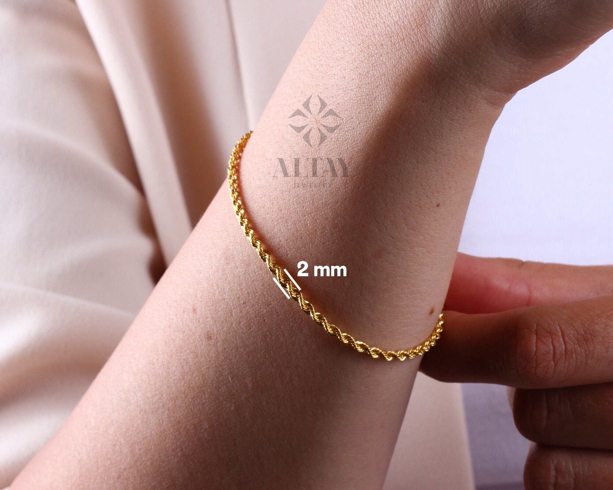 14K Solid Gold Rope Chain Bracelet, 2mm Diamond-Cut Bracelet, Twist Chunky Anklet Unisex Chain, Fashion Delicate, Stacking, Gift For Her Him