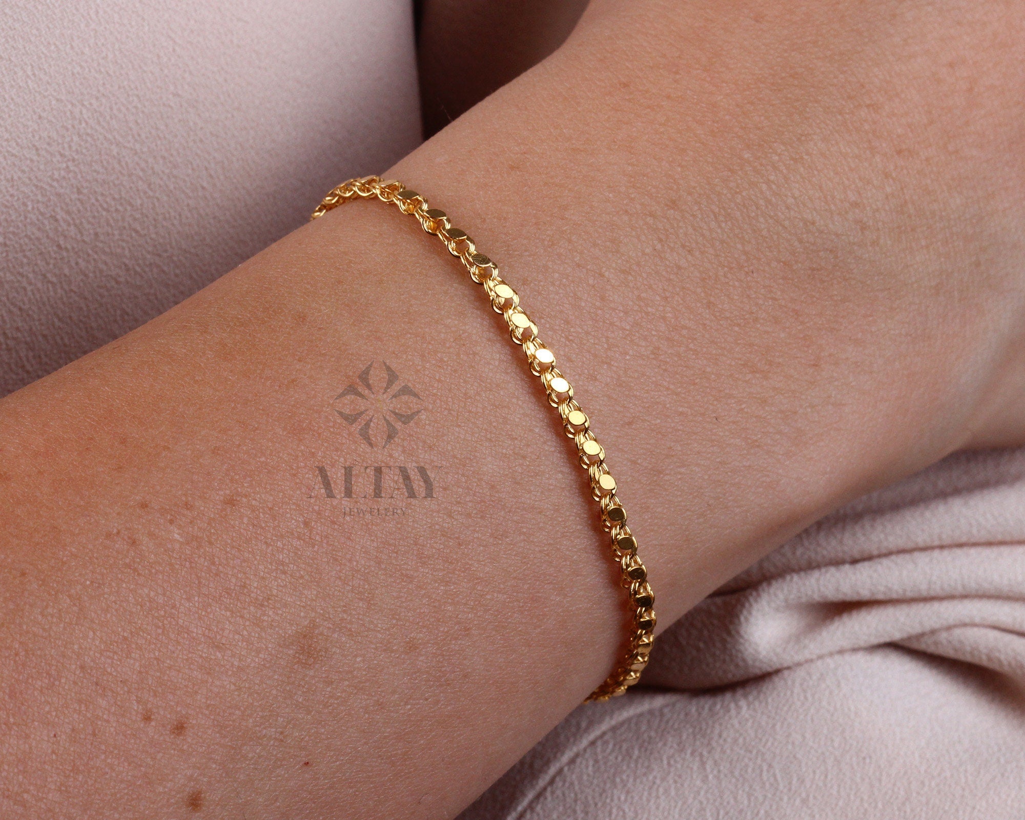 14K Solid Gold Mirror Chain Bracelet, 3mm Sequin Bracelet, Elegant Anklet Unisex Chain, Sparkle Fashion Delicate, Stacking, Gift For Her Him