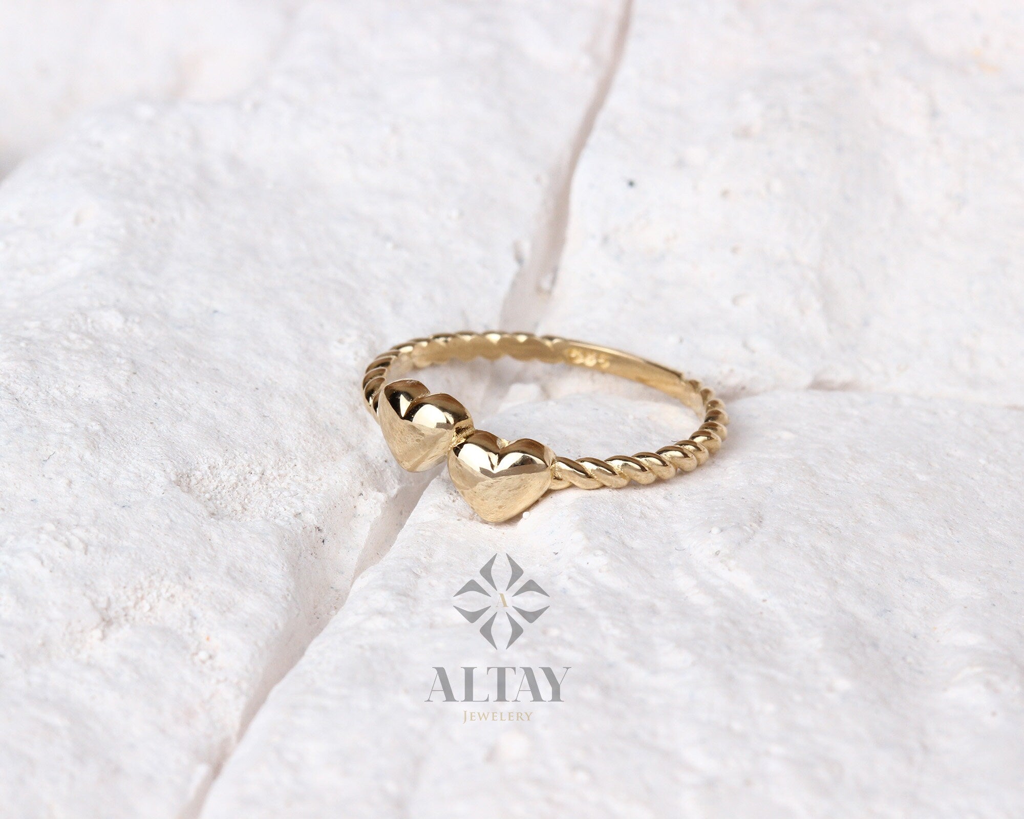 14K Solid Gold Heart Ring, Double Heart Dainty Ring, Promise Ring, Valentine Twin Heart Rope Ring, Tiny Love Shape, Gift For Her, Real Gold