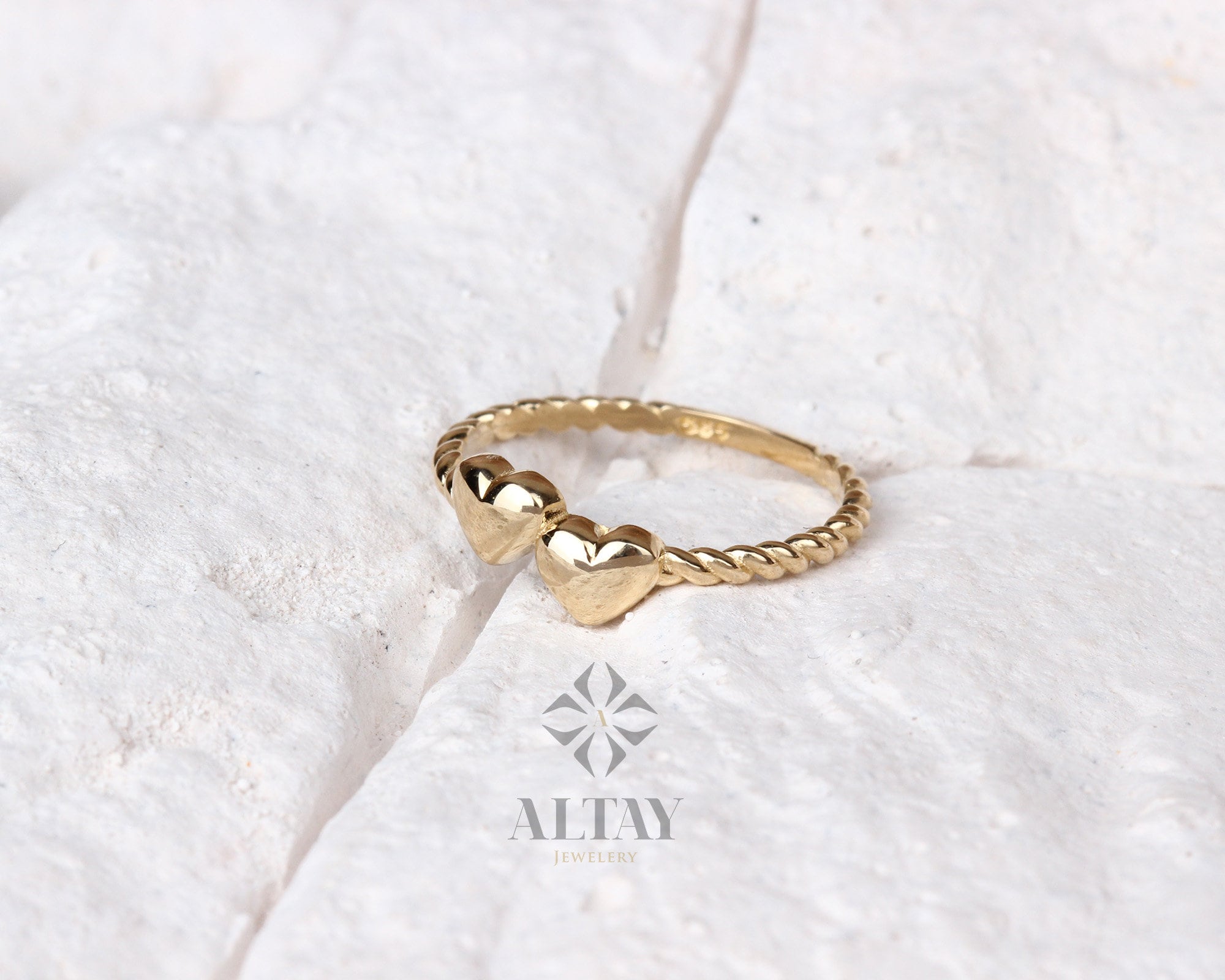 14K Gold Heart Ring, Tiny Hearts Stacking Ring, Double Heart Dainty Ring, Custom Heart Ring, Personalized Initial Ring, Promise Love Band