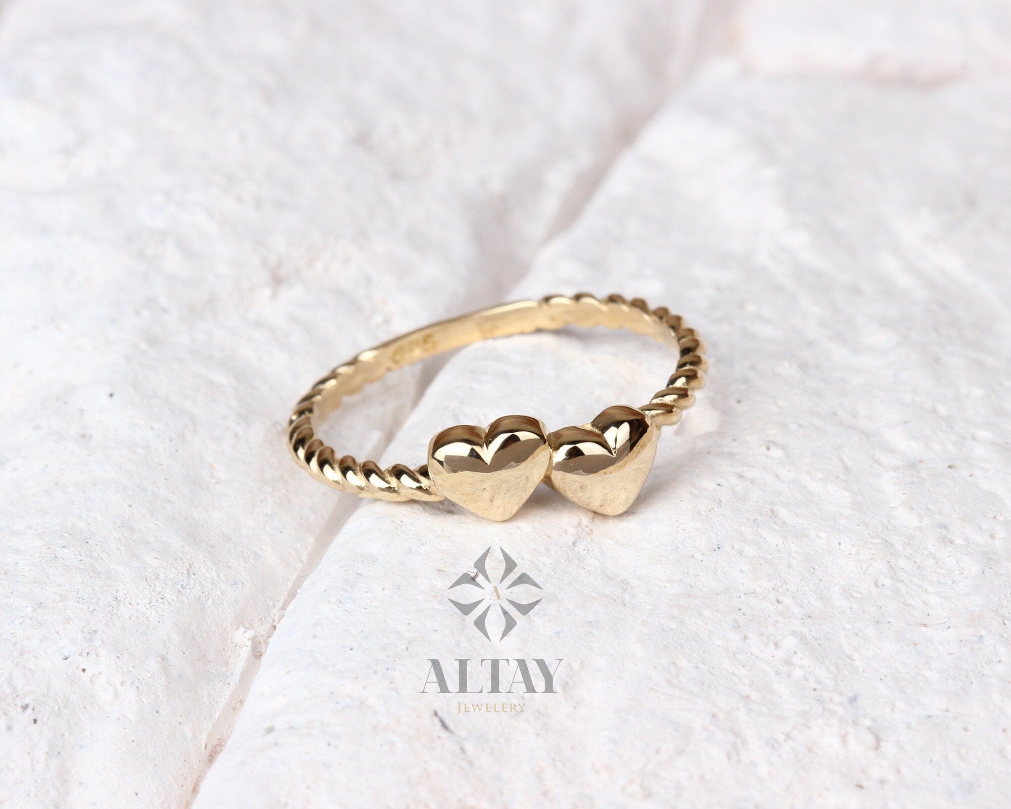 14K Solid Gold Heart Ring, Double Heart Dainty Ring, Promise Ring, Valentine Twin Heart Rope Ring, Tiny Love Shape, Gift For Her, Real Gold