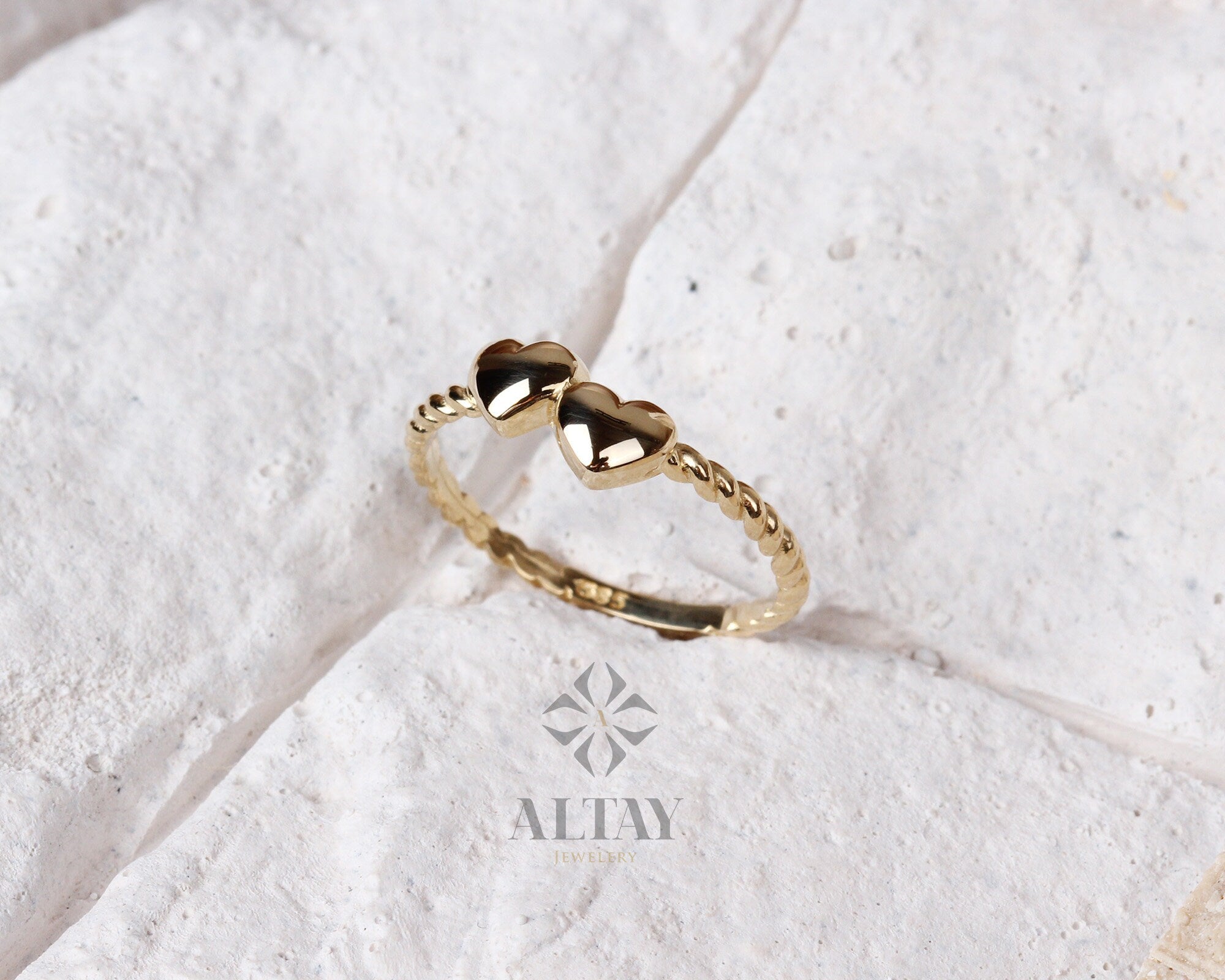 14K Solid Gold Heart Ring, Double Heart Dainty Ring, Promise Ring, Valentine Twin Heart Rope Ring, Tiny Love Shape, Gift For Her, Real Gold