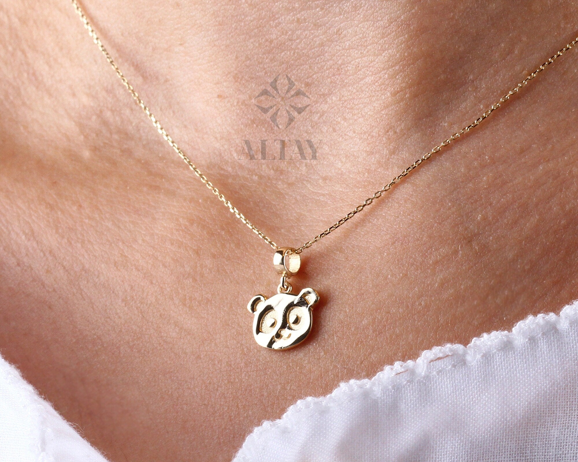 14K Gold Panda Necklace, Gold Panda Bear Pendant, Panda Face Design Choker, Animal Charm Jewelry, Unique Necklace, Luck Pendant Gift for Her