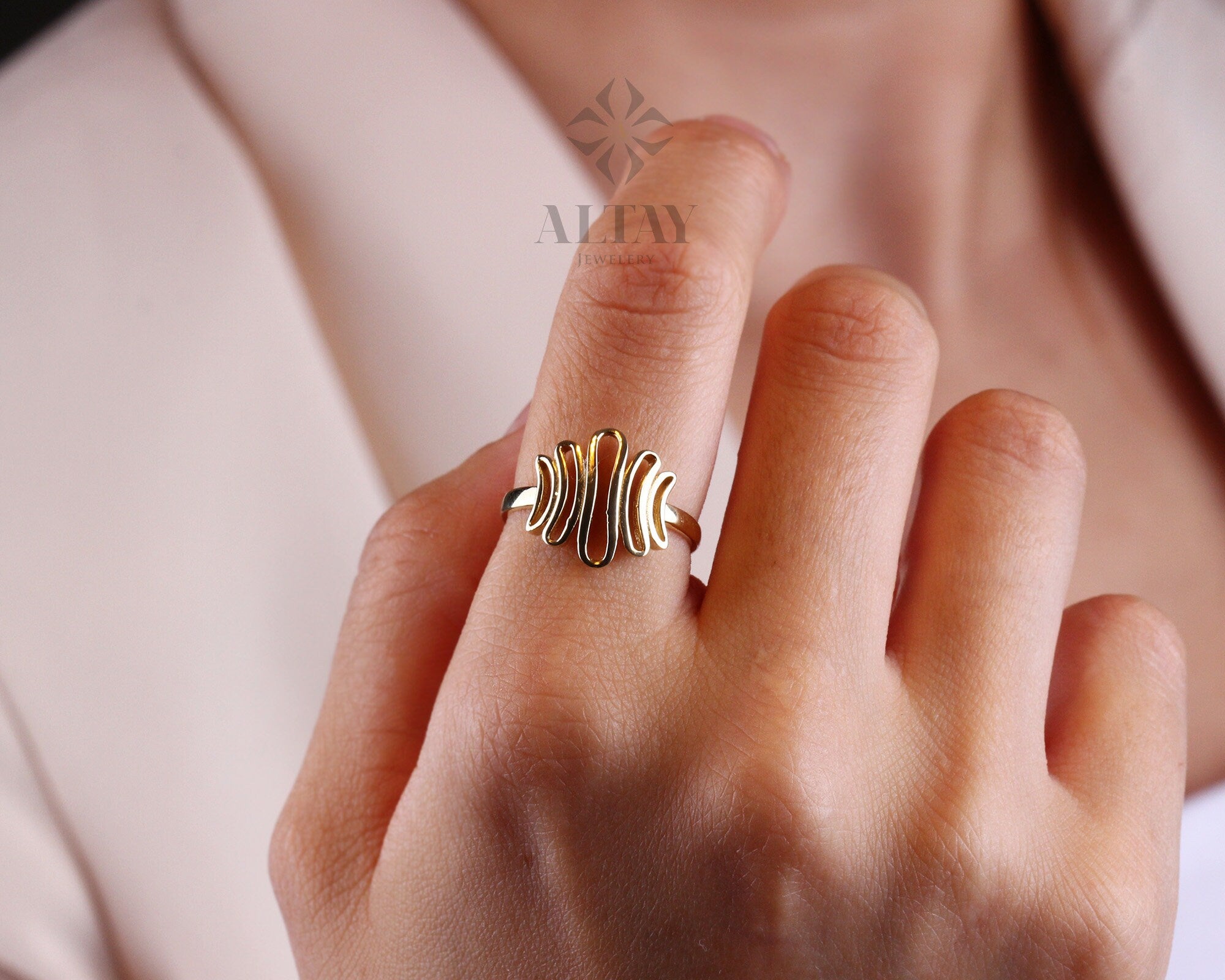 14K Gold ZigZag Ring, Vintage Style Statement Ring, Sticks Ring, Unique Design, Jewelery, Minimalist, Gift For Her, Real Gold, Jewelry