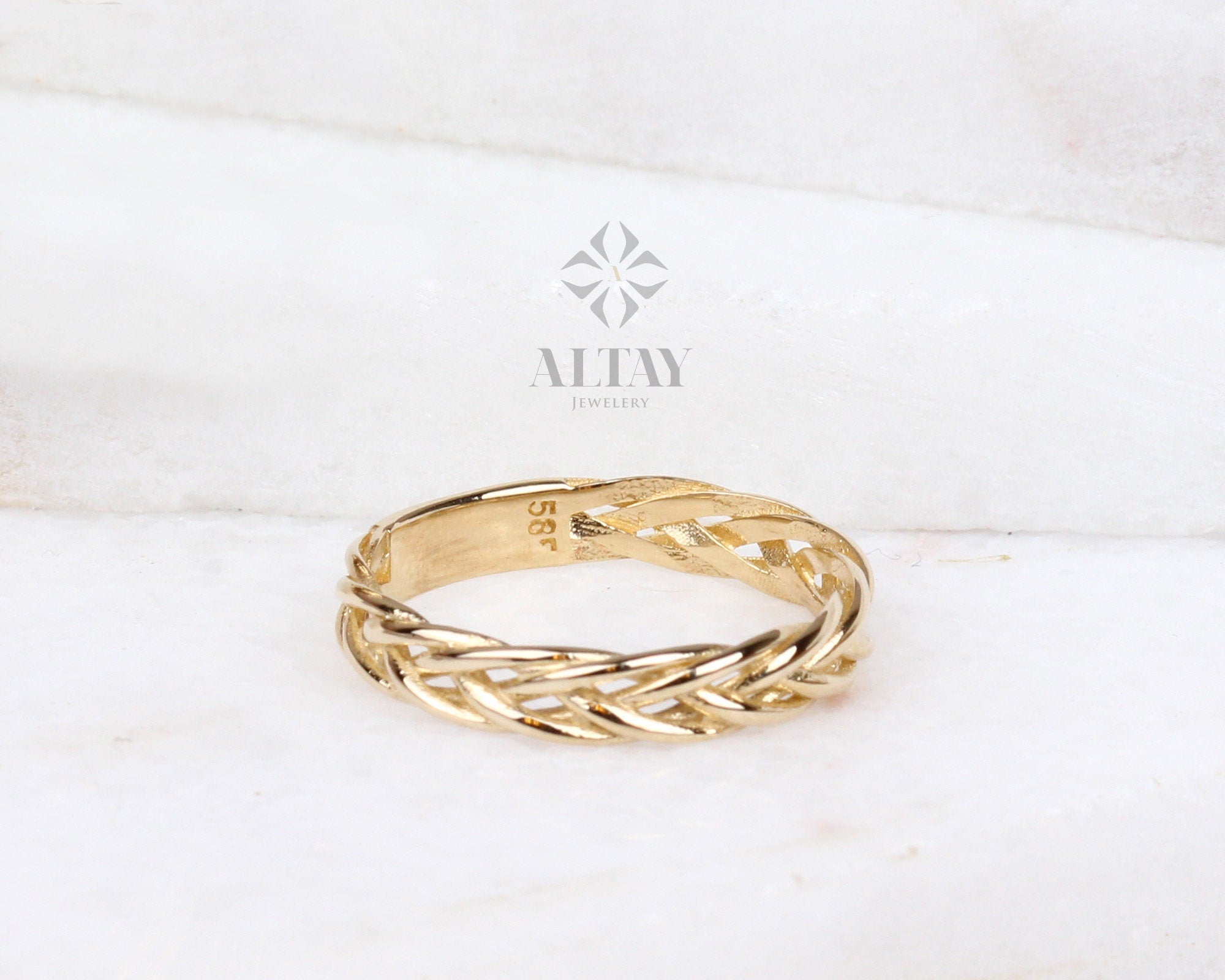 14K Gold Palm Franco Chain Ring, Wheat Foxtail Curb Chain Ring, Men Women Palm Link Ring, Palm Wheat Chain Ring, Spiga Chain Ring