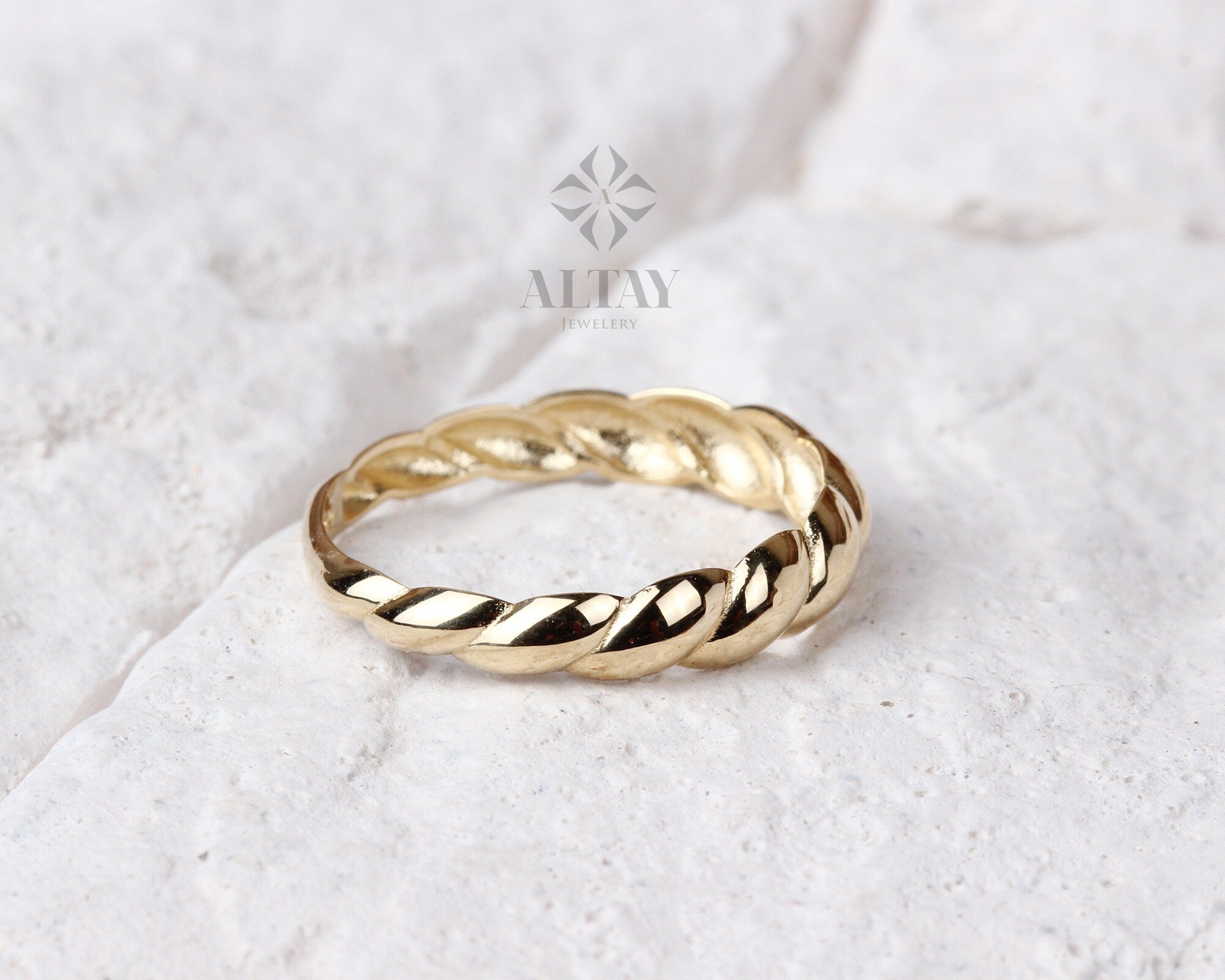 14K Gold Twist Ring, Croissant Braided 4mm Puff Dome Ring, Rope Statement Ring, Twist Line Ring, Minimalist, Fine Jewelry Gift For Her