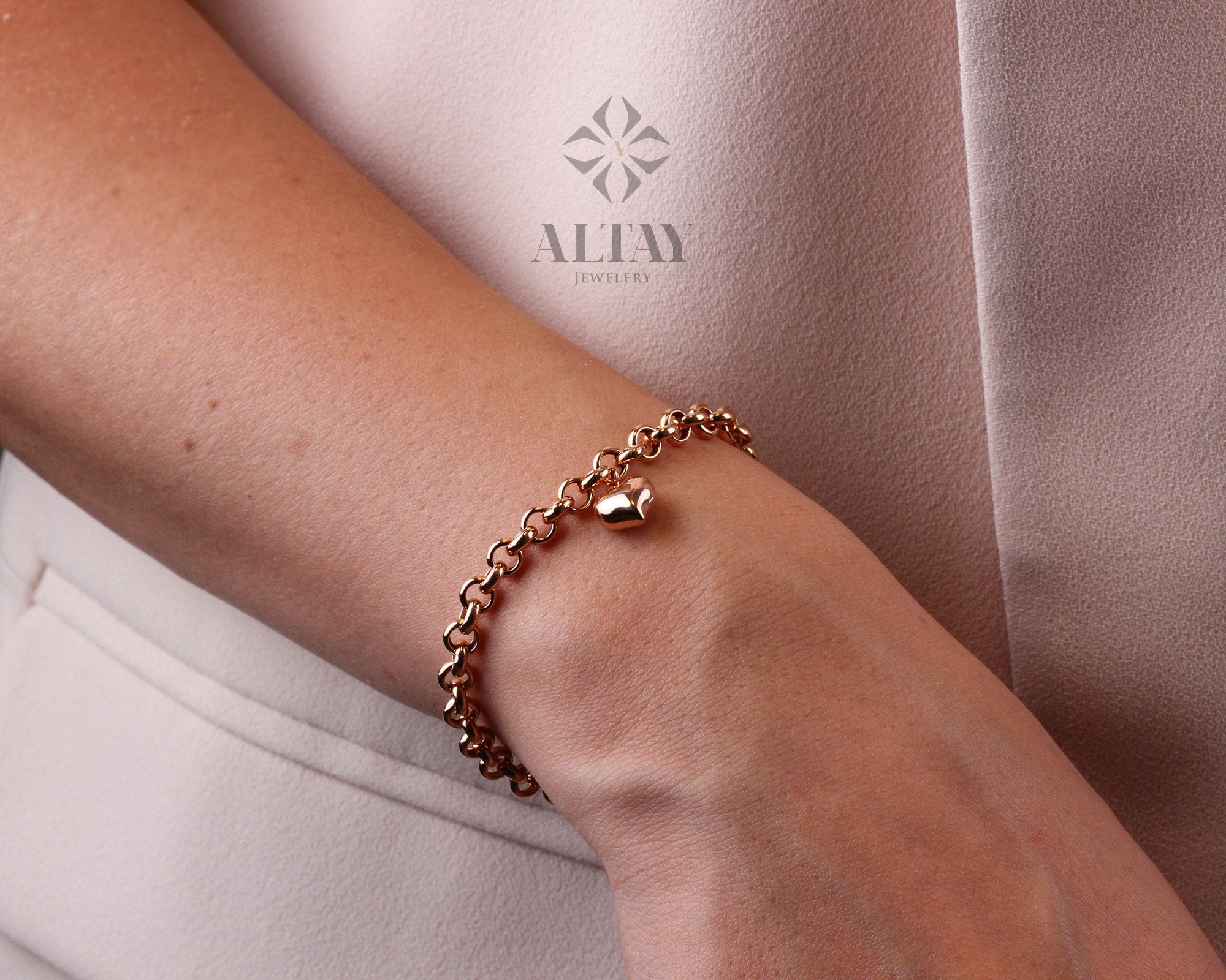 14K Gold 5mm Rolo Chain, Gold Heart Charm Bracelet, Love Bracelet, Mini 3D Heart Pendant, Link Heart Charm Bracelet, Jewelry, Gift for Her